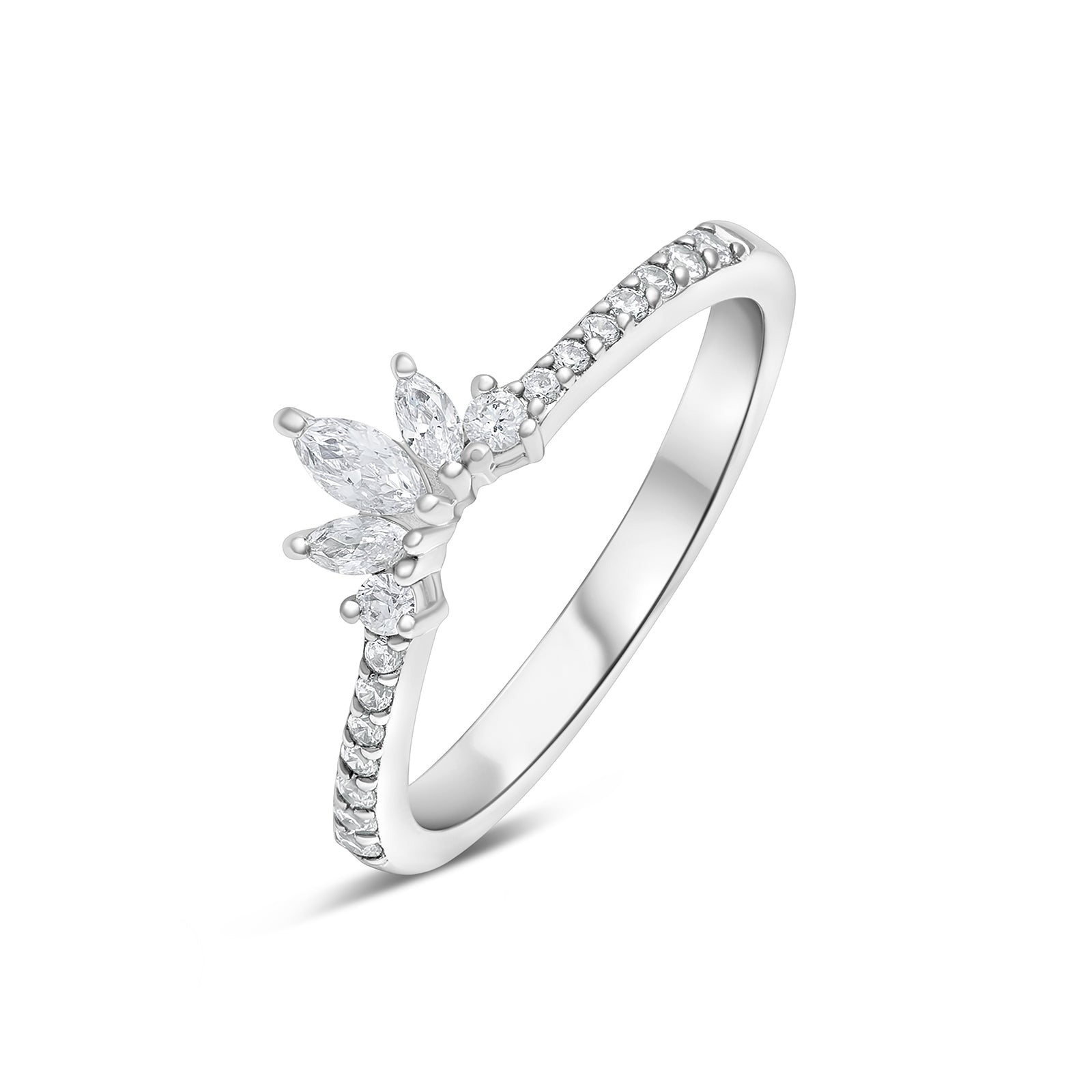 stunning v-shaped band features 3 center marquise stones with round stones glistening down the sides. 