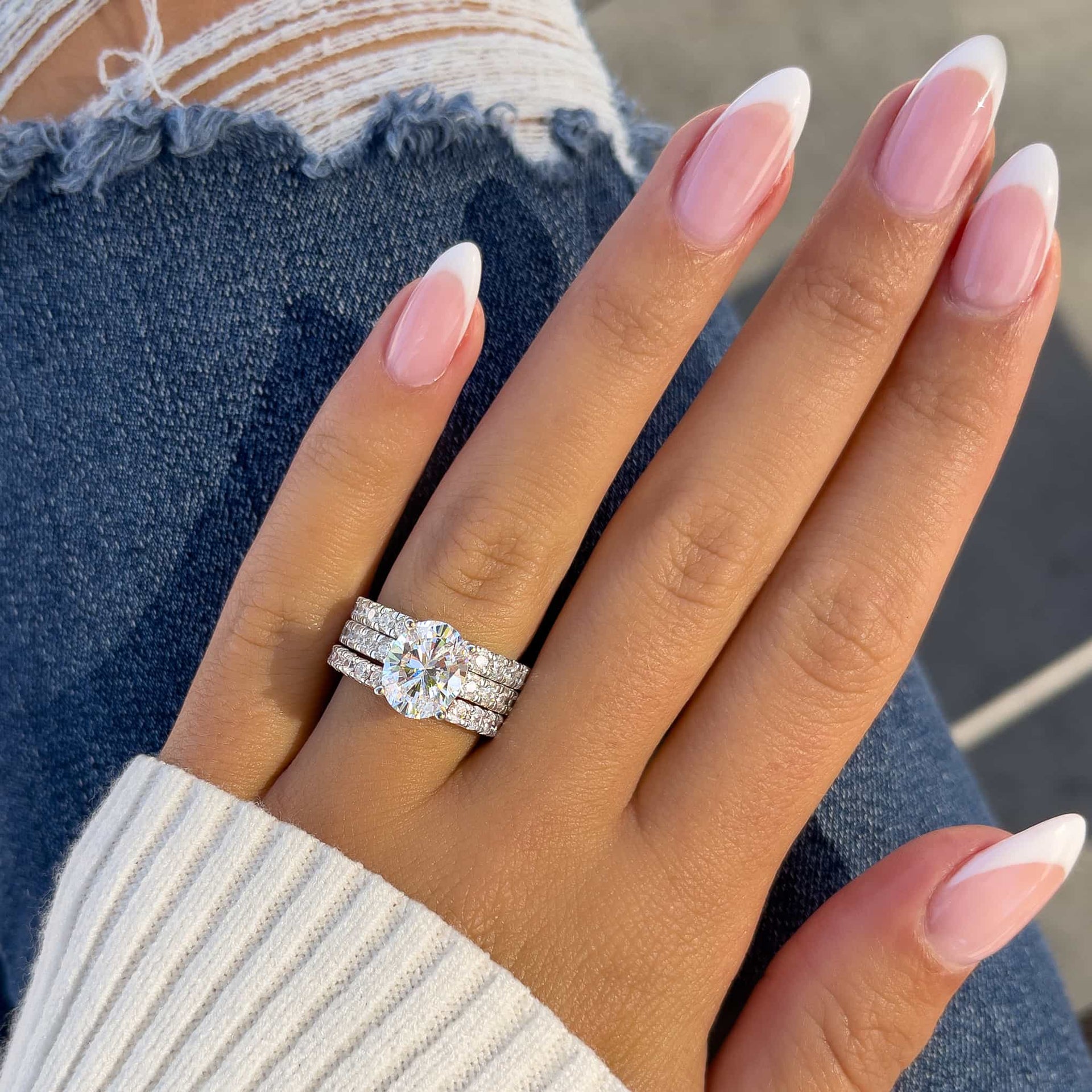 gorgeous triple stack with oval engagement ring in silver