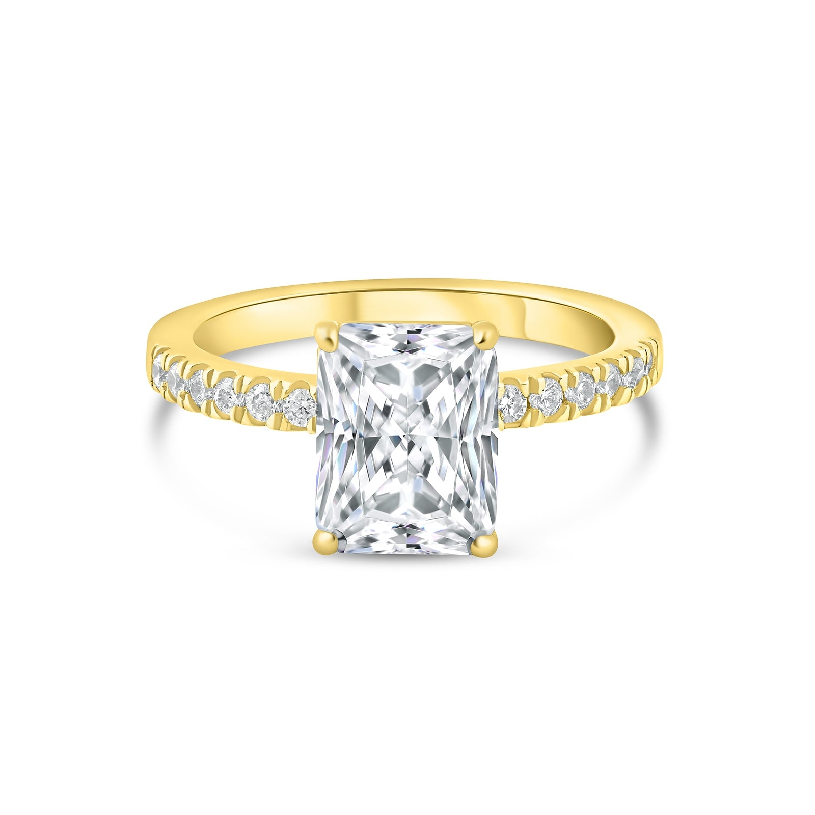 Gold 3 carat radiant cut engagement ring with half eternity band detailing