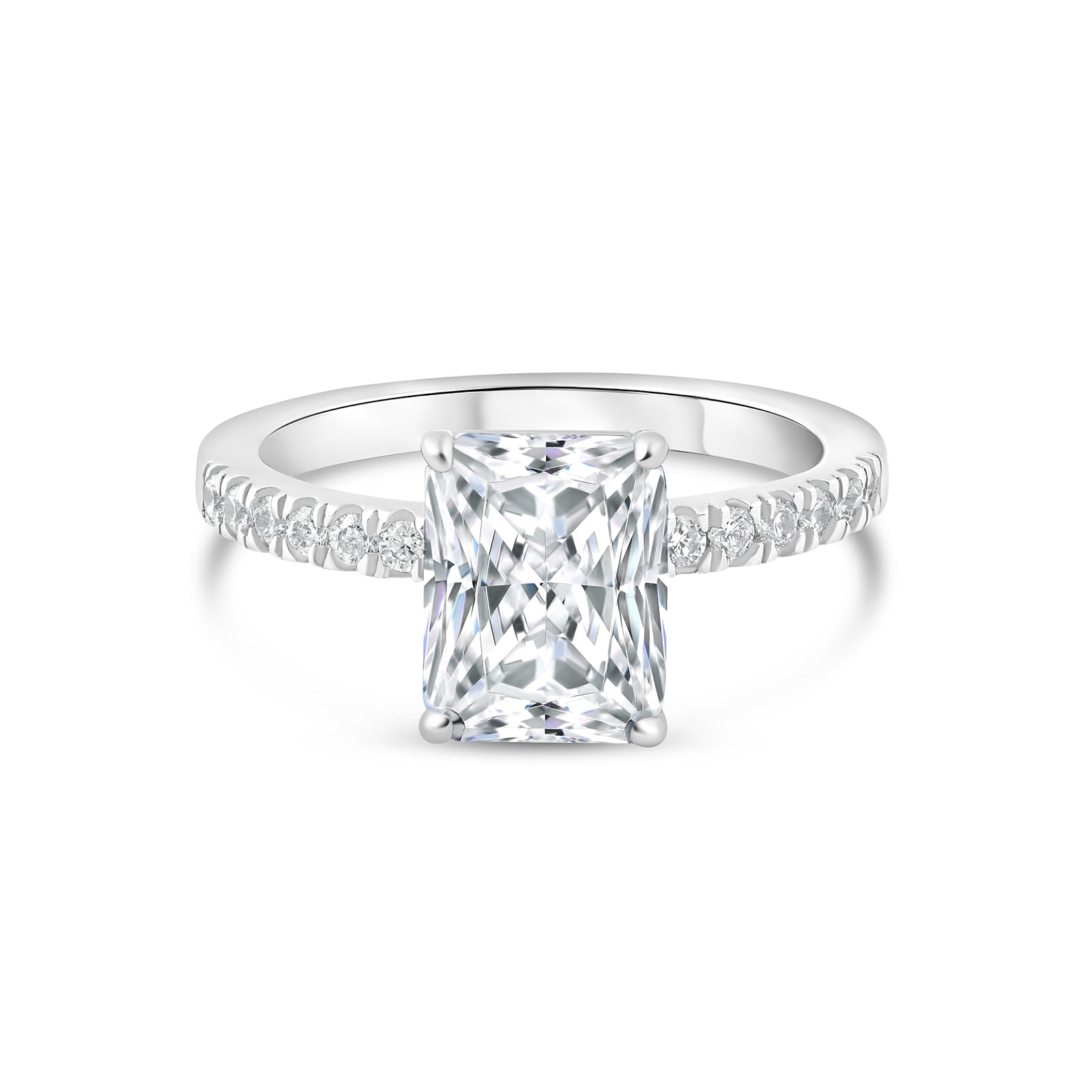 Silver 3 carat radiant cut engagement ring with half eternity band detailing