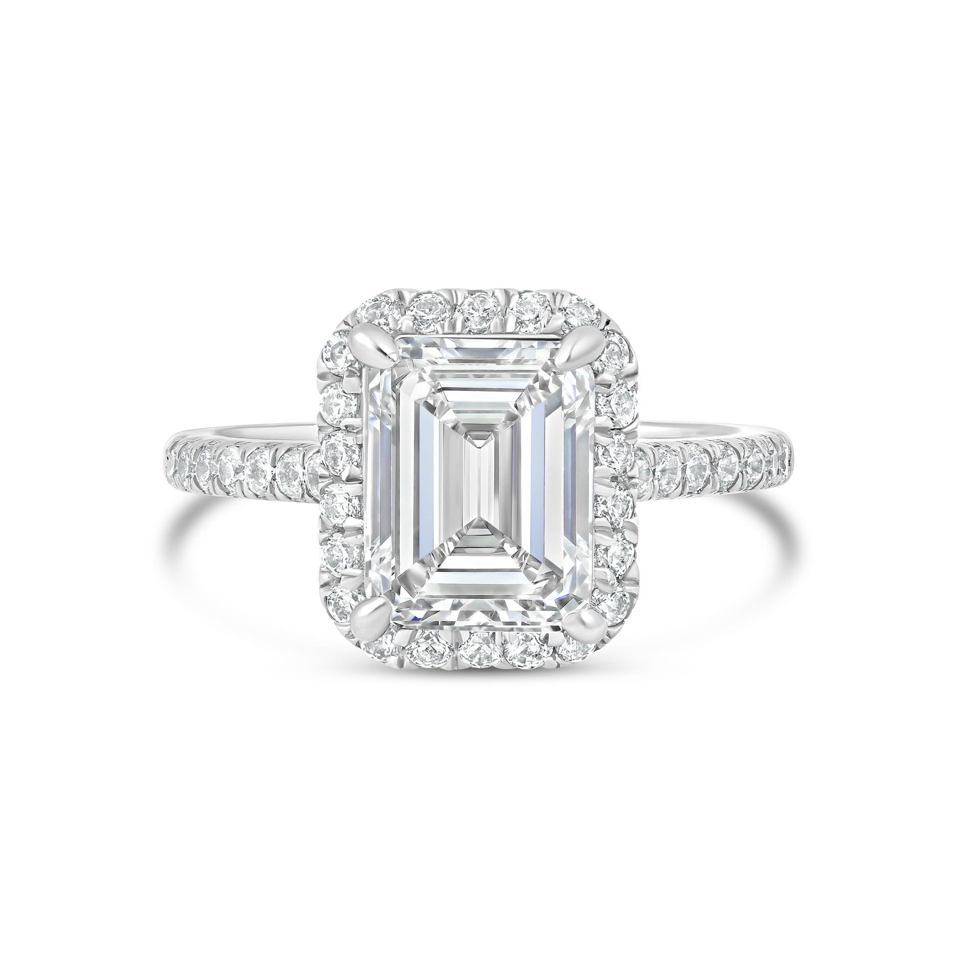 Silver 3 carat emerald cut engagement ring with half eternity band detailing
