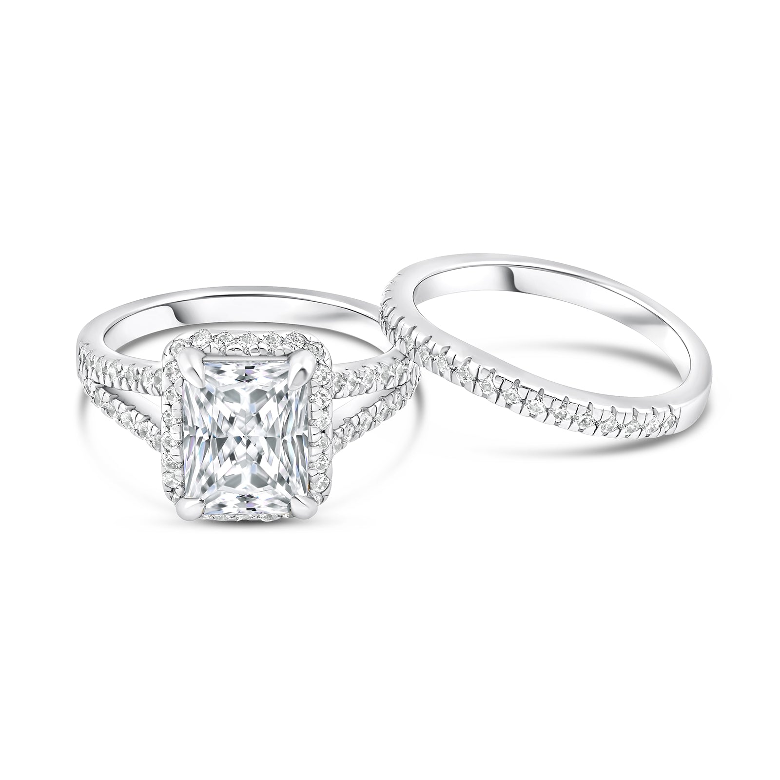 silver radiant cut engagement ring with matching half eternity band to its side