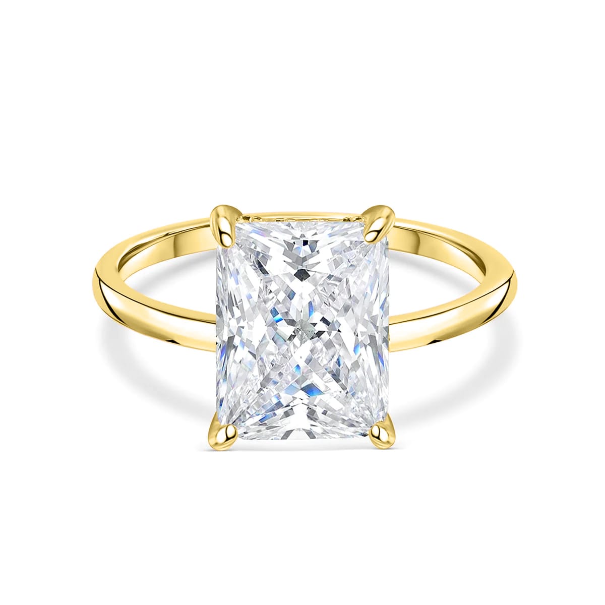 Yellow gold radiant cut engagement ring.