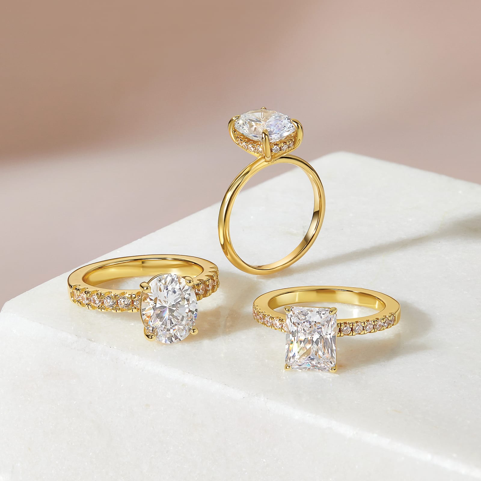 stunning flatlay with new arrival engagement rings in gold