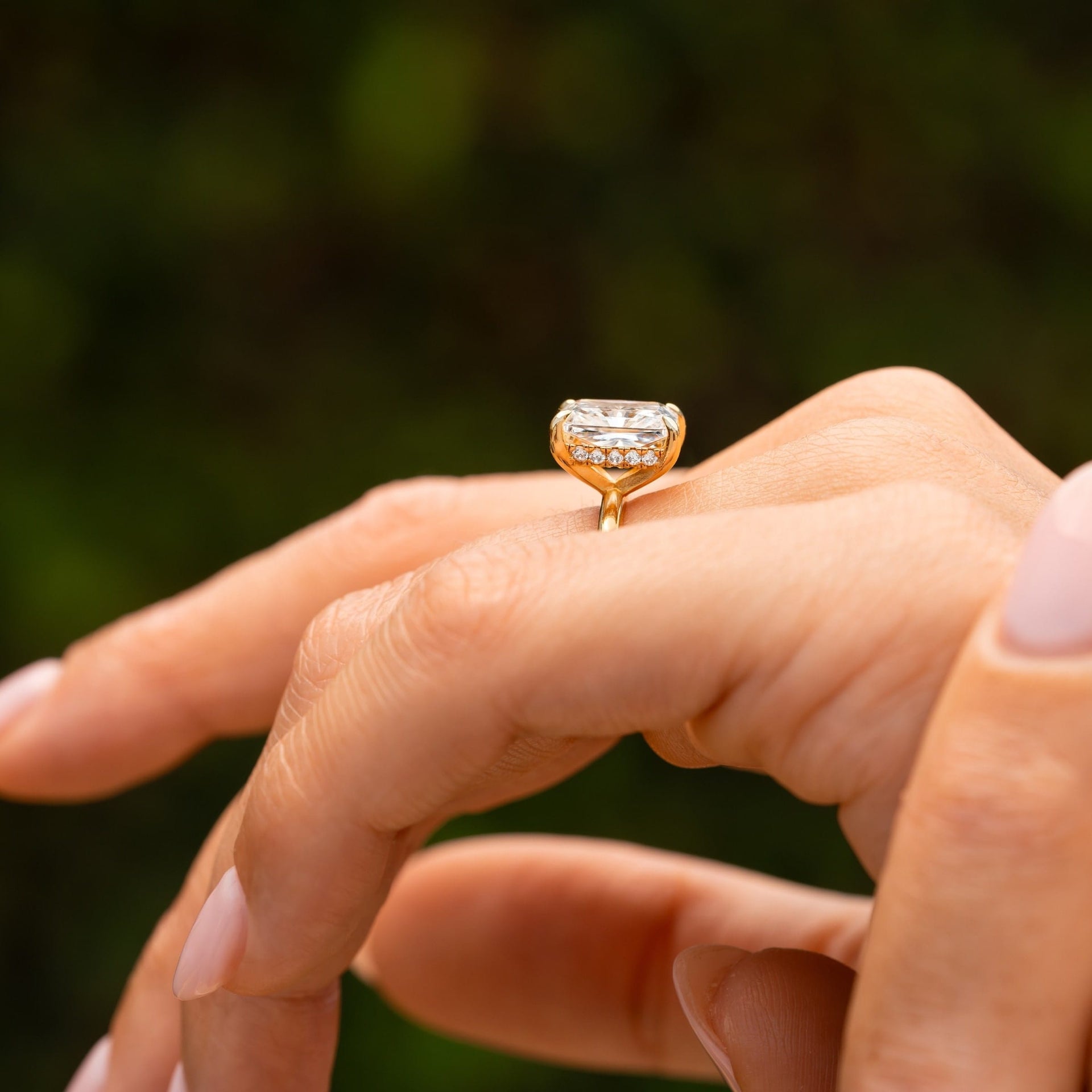 Radiant simulated diamond engagement ring.