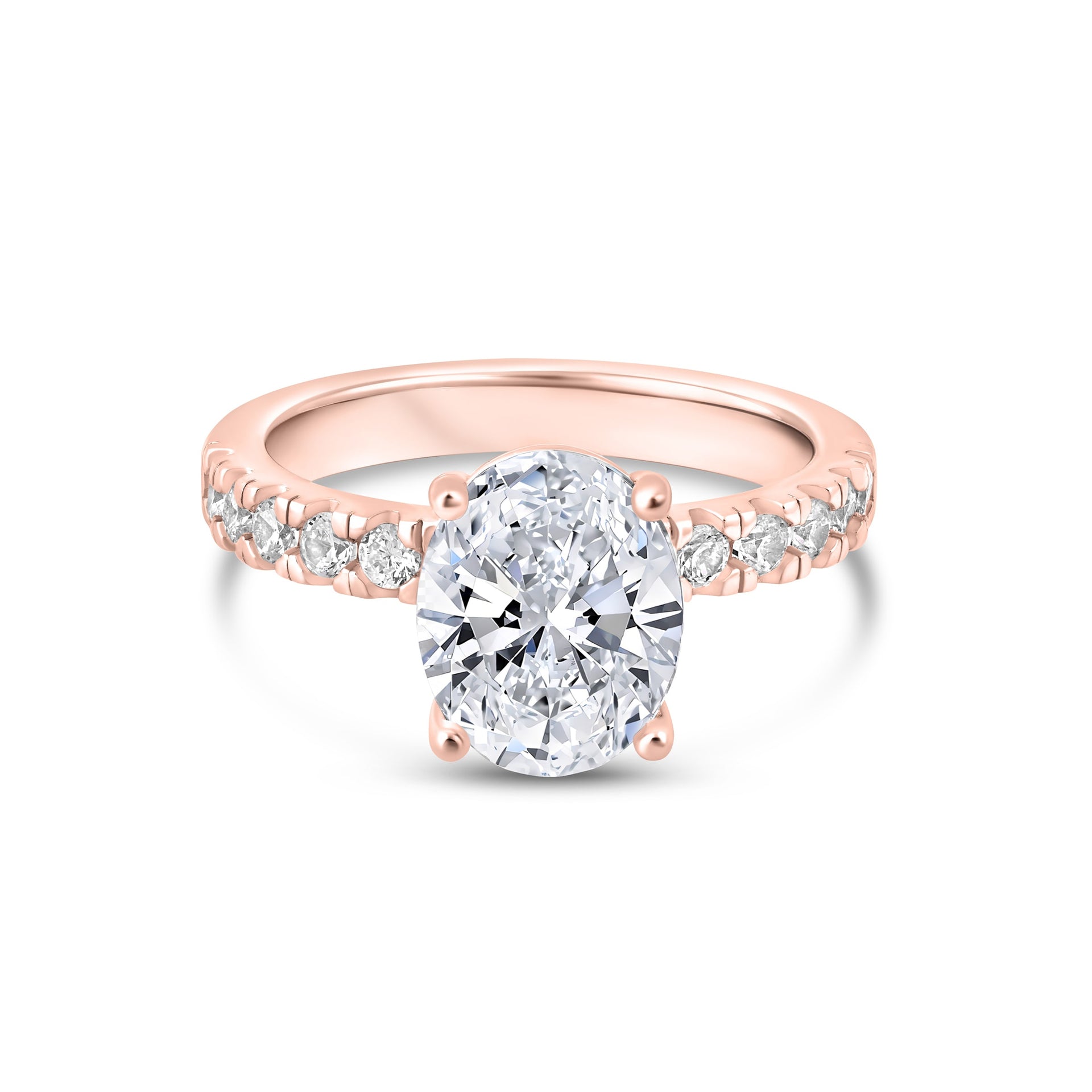 modern 3 carat oval cut engagement ring with rose gold finish