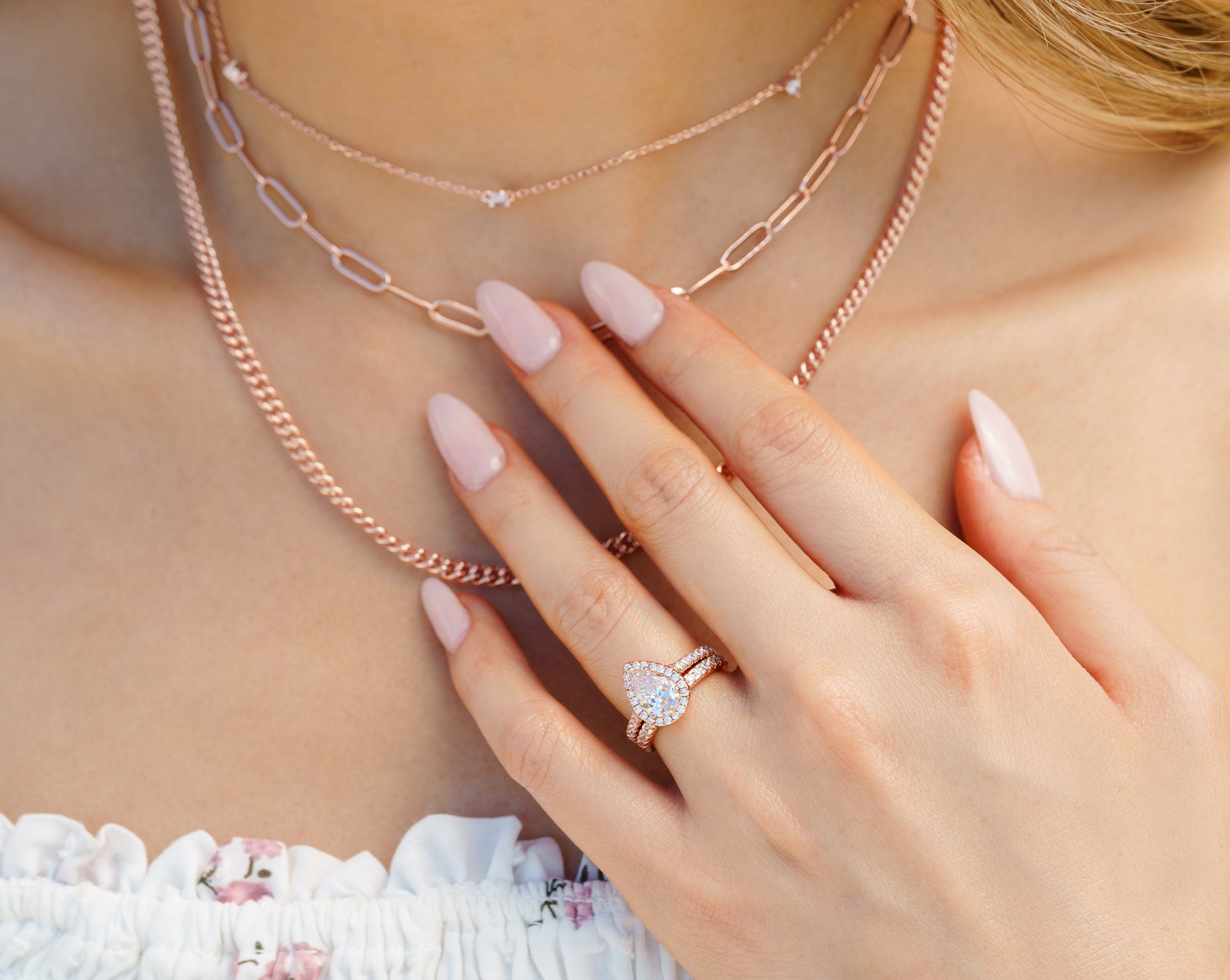 rose gold pear wedding ring set with rose gold necklaces