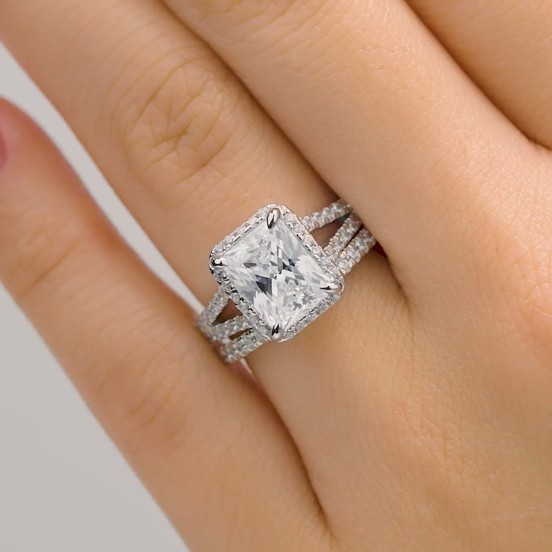 3.5 carat radiant cut wedding ring set modeled on female hand