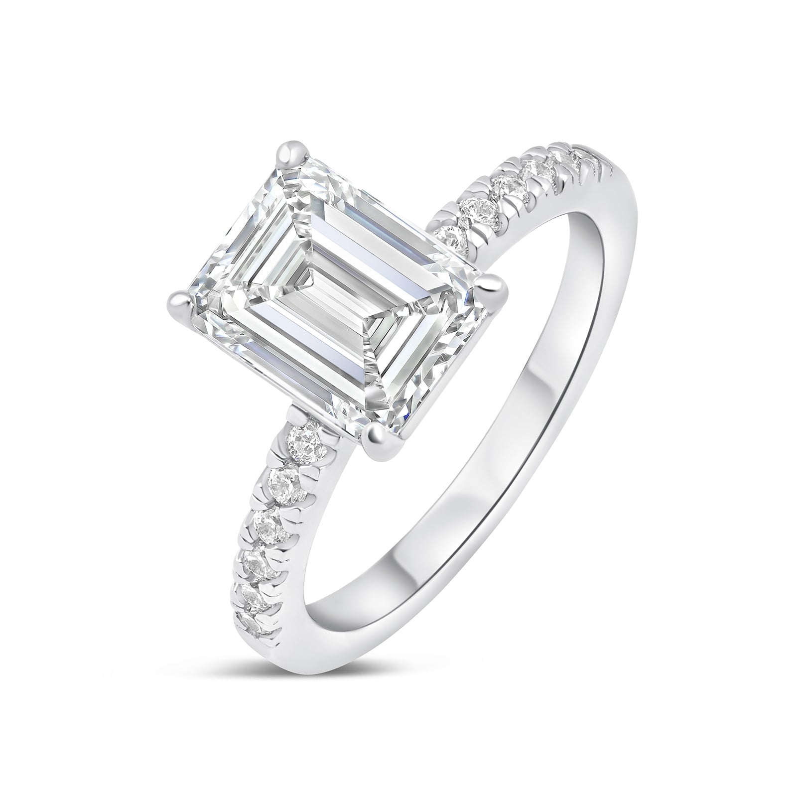 silver 3 carat emerald cut engagement ring with half eternity band detail