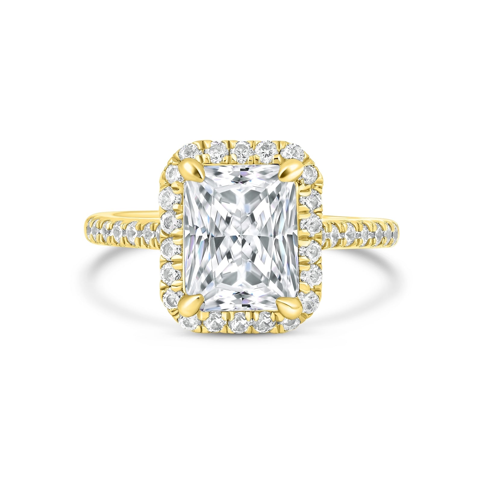 3.5 carat gold radiant halo engagement ring with half eternity band detailing