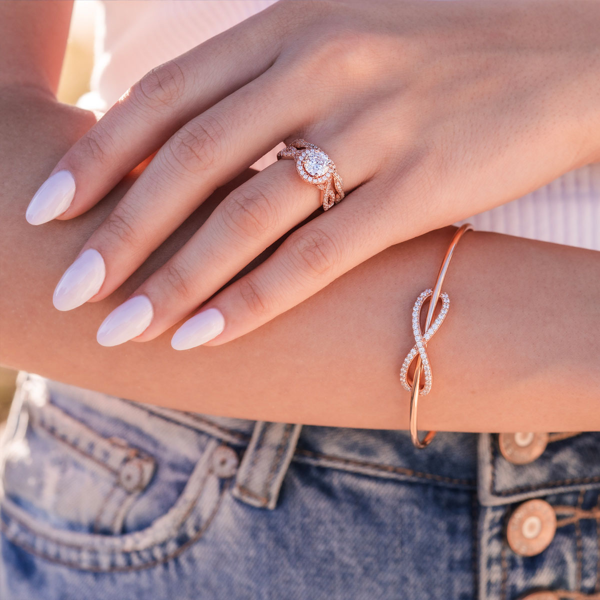 Cute rose gold infinity bracelet on model