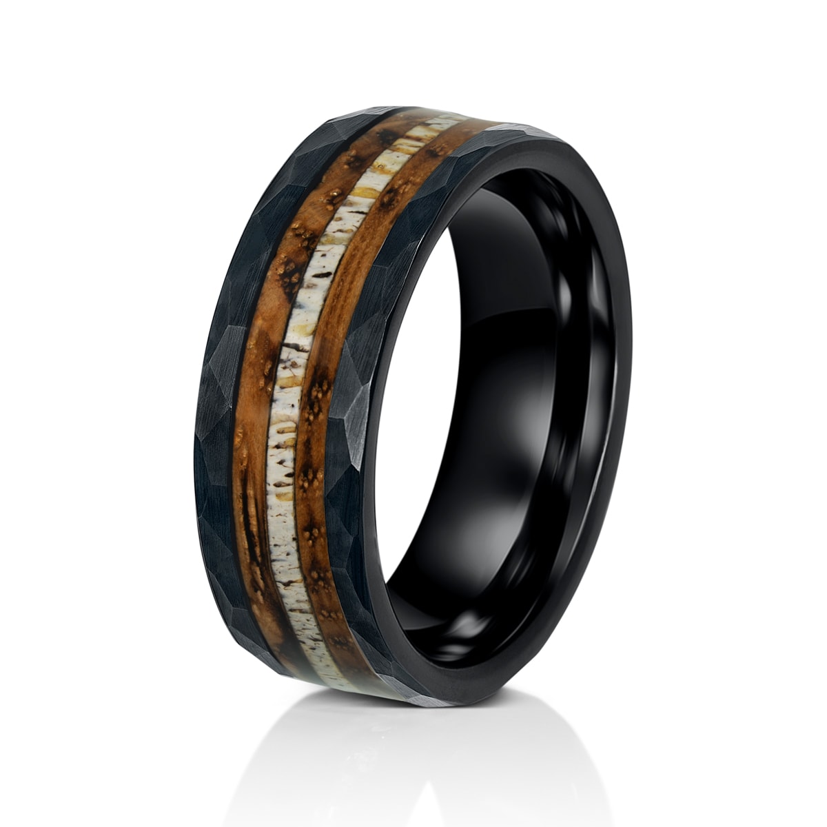 Hammered black mens ring with antler inlay