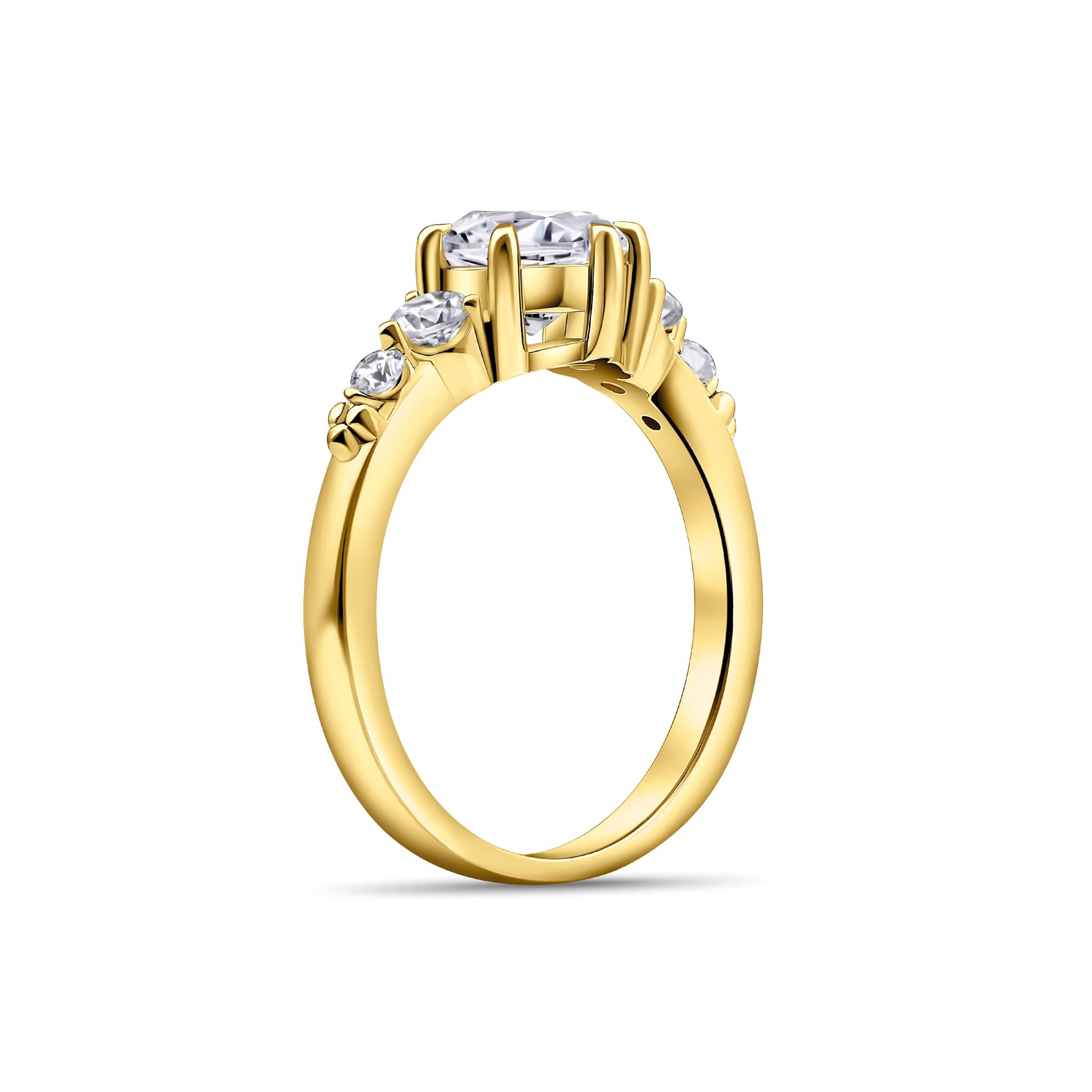 setting shot of gold round cut vintage style engagement ring with two stones on either side