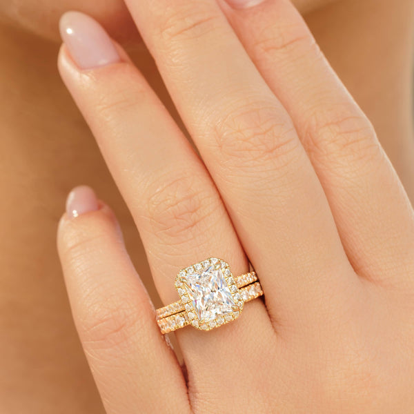 affordable radiant cut halo engagement ring paired with stunning gold wedding band