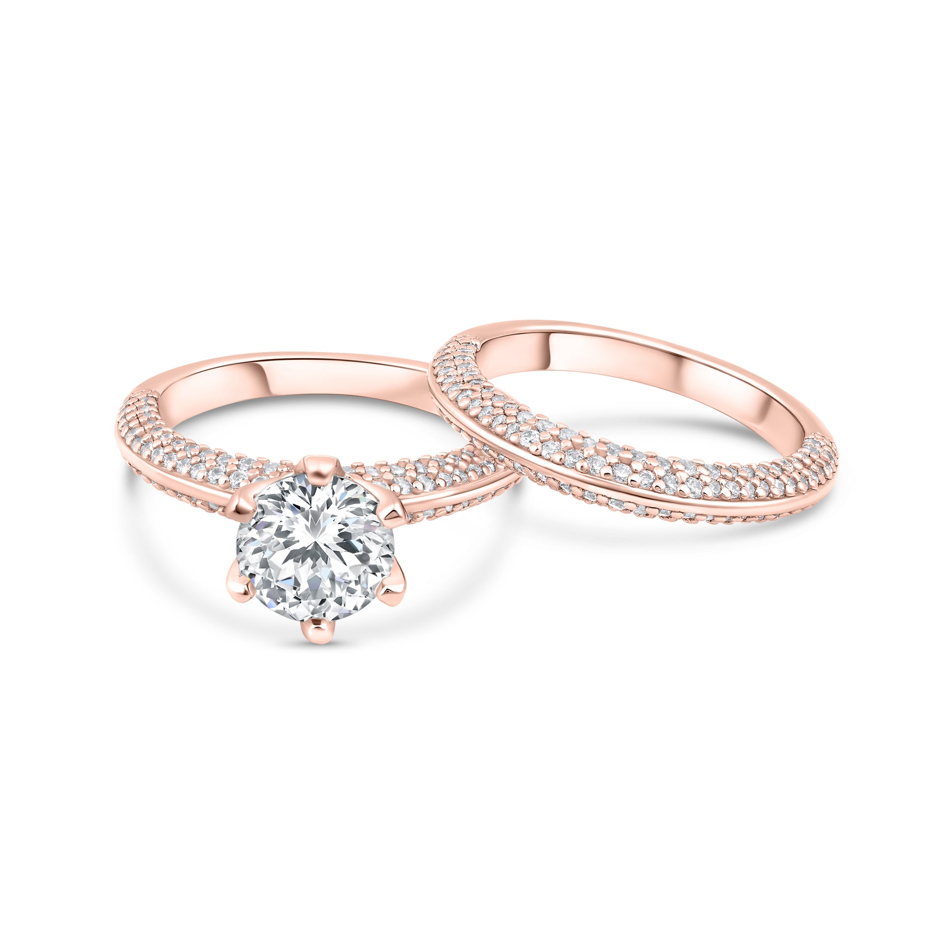 Rose gold 2 carat round cut 6 prong wedding rings