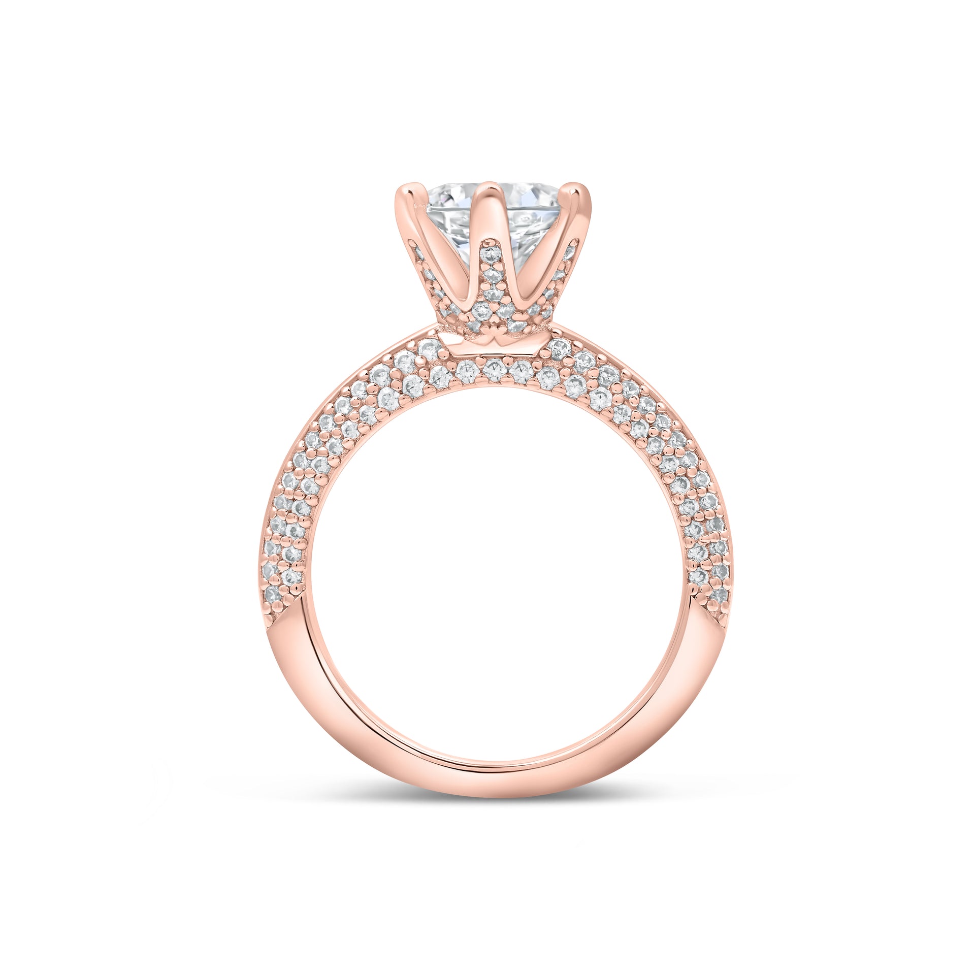 Vintage rose gold engagement ring with a half eternity style band