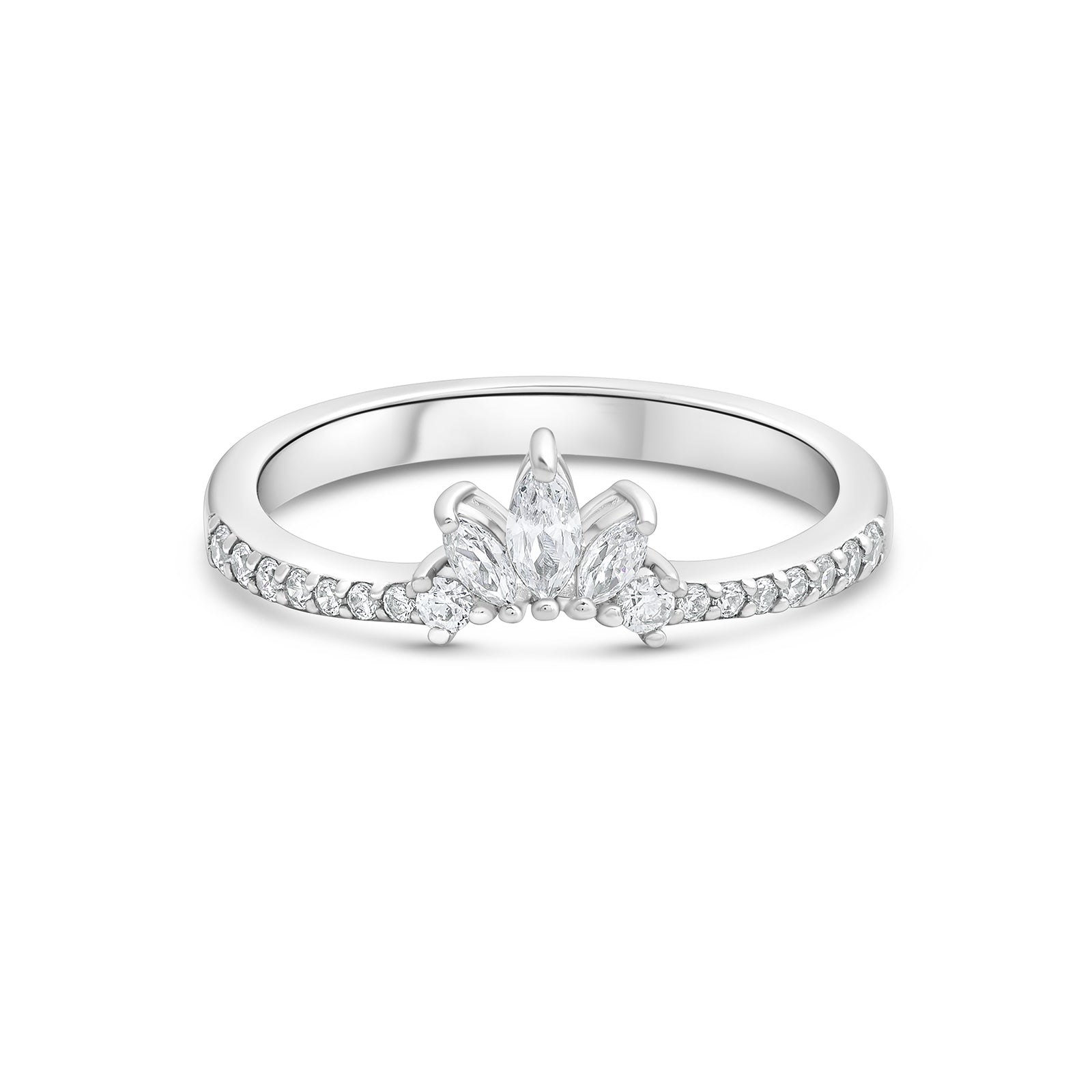  The exquisite v-shaped band features 3 center marquise stones with round stones glistening down the sides shown in silver