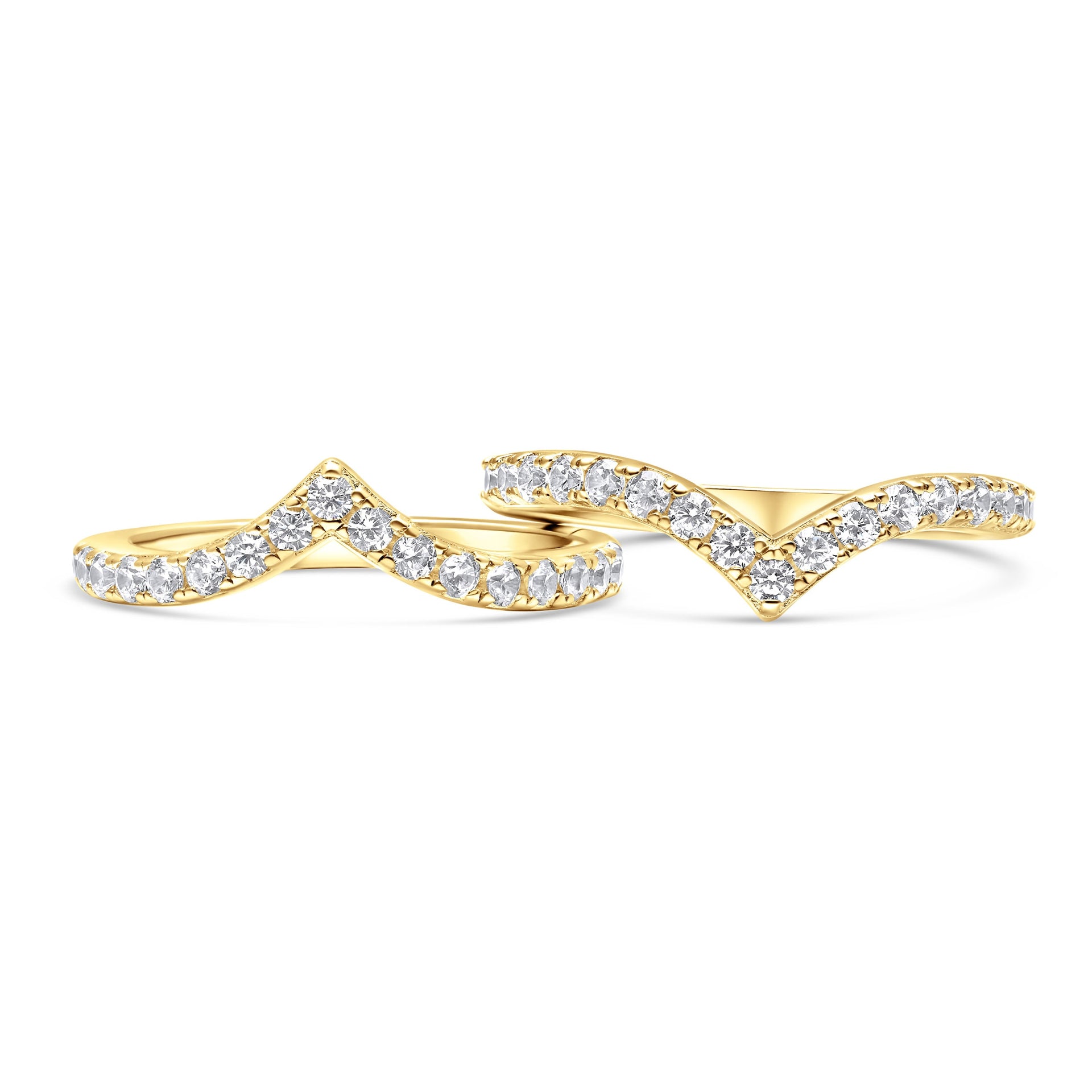Modern gold wedding bands with unique v-shape detailing
