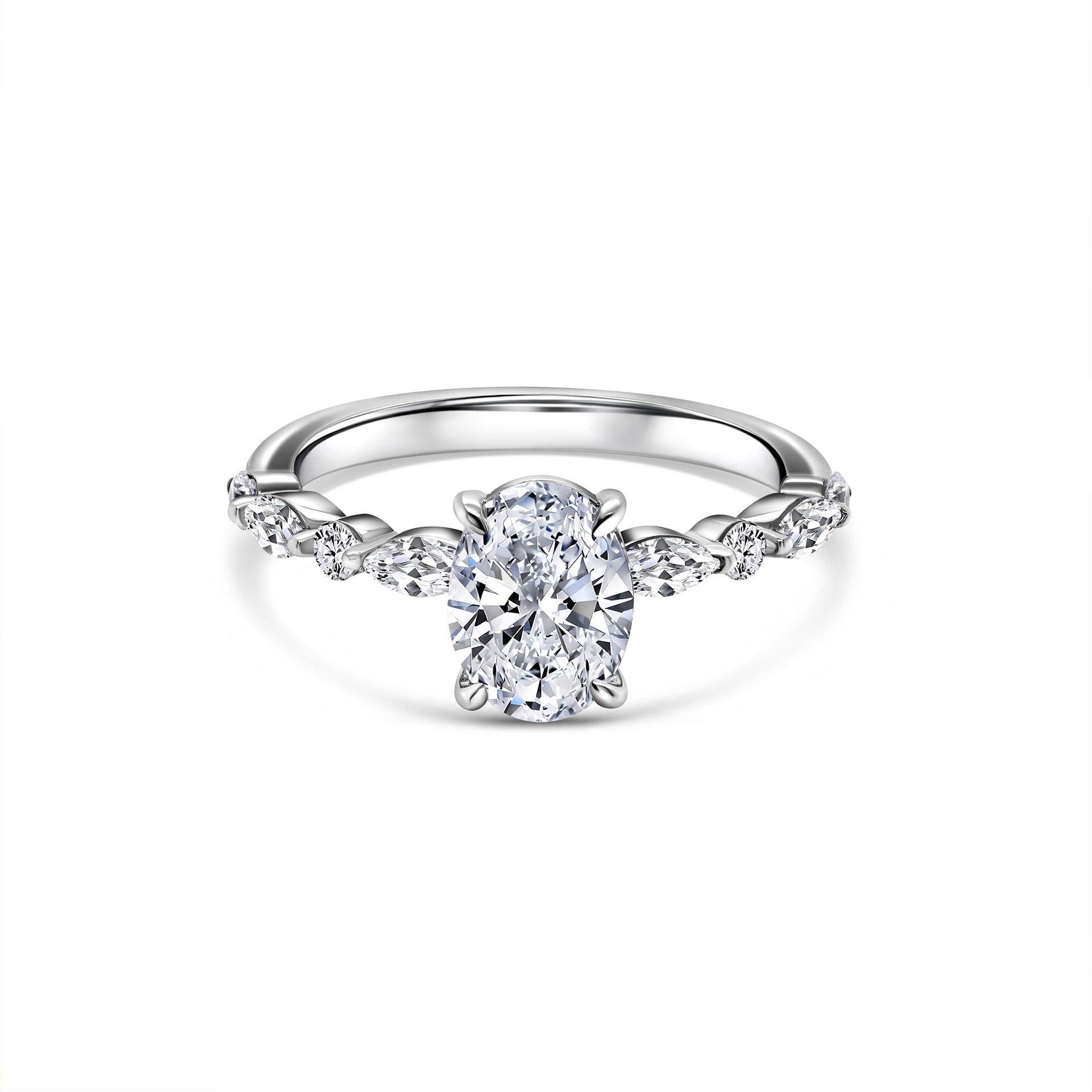 gorgeous 1.5 ct oval engagement ring with vintage half eternity band front facing in silver
