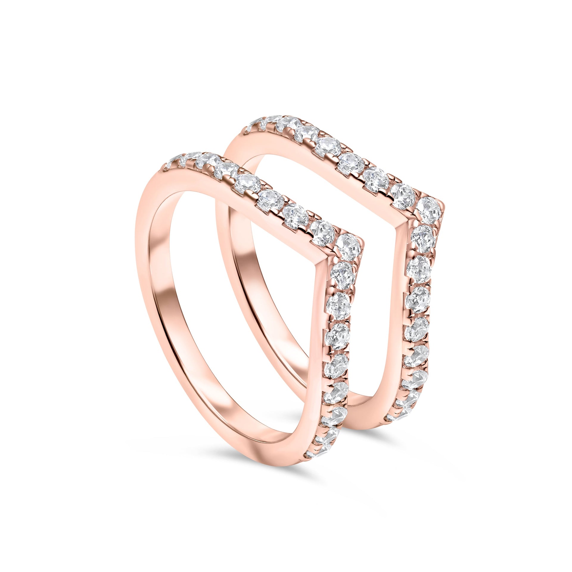Rose gold set of two chevron wedding bands with half eternity detailing