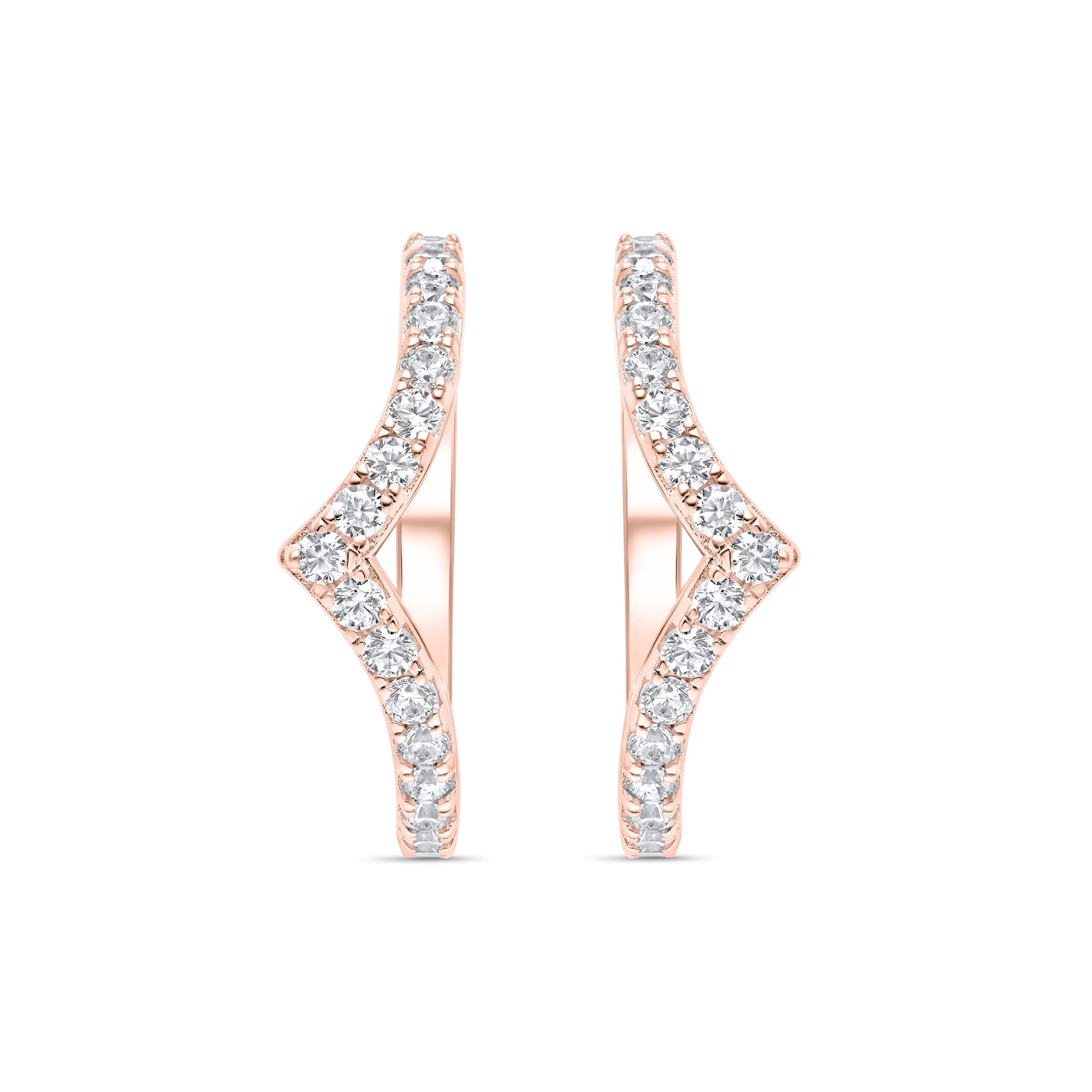 A set of rose gold chevron style wedding bands with a half eternity design