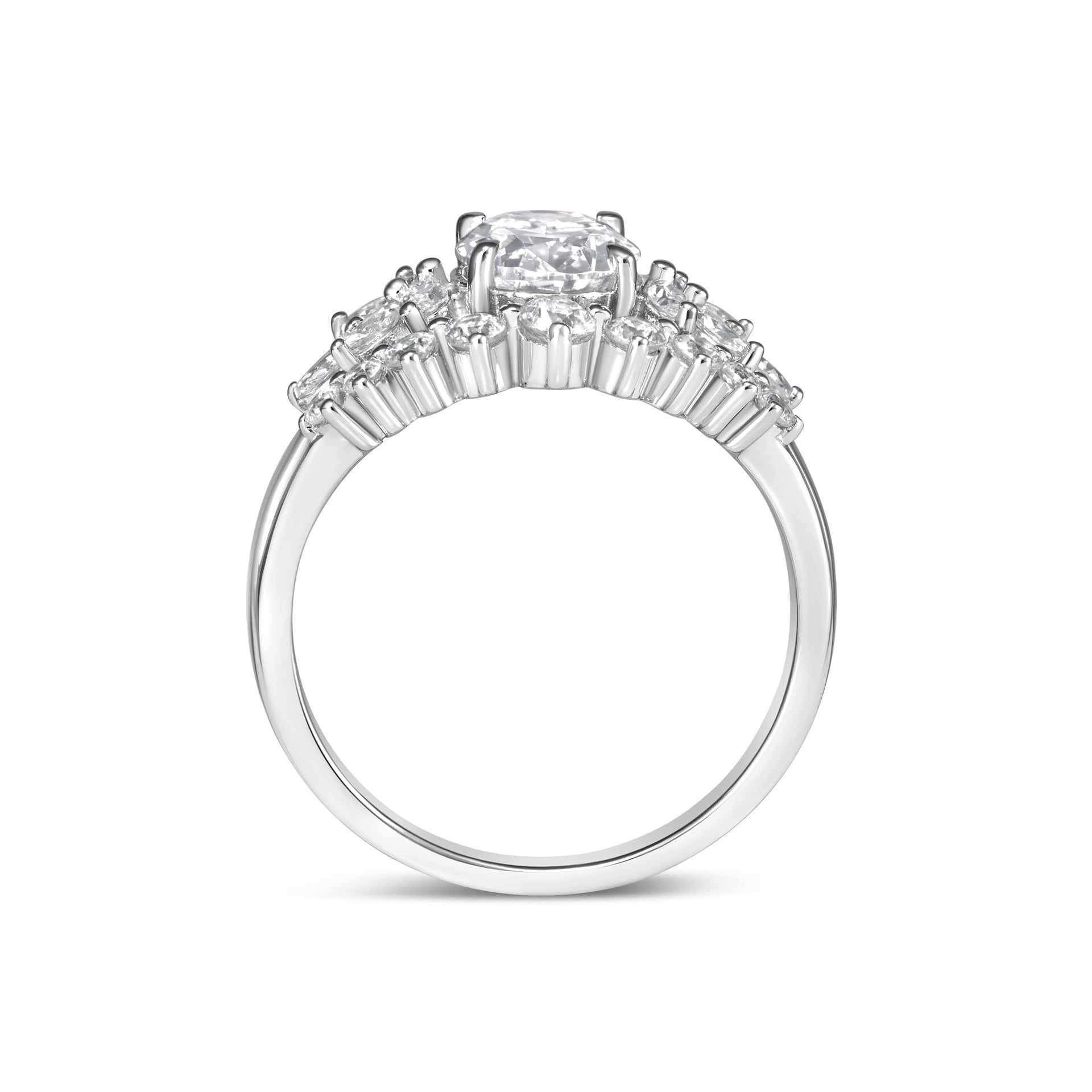 Modern vintage engagement ring with marquise and round side stones.