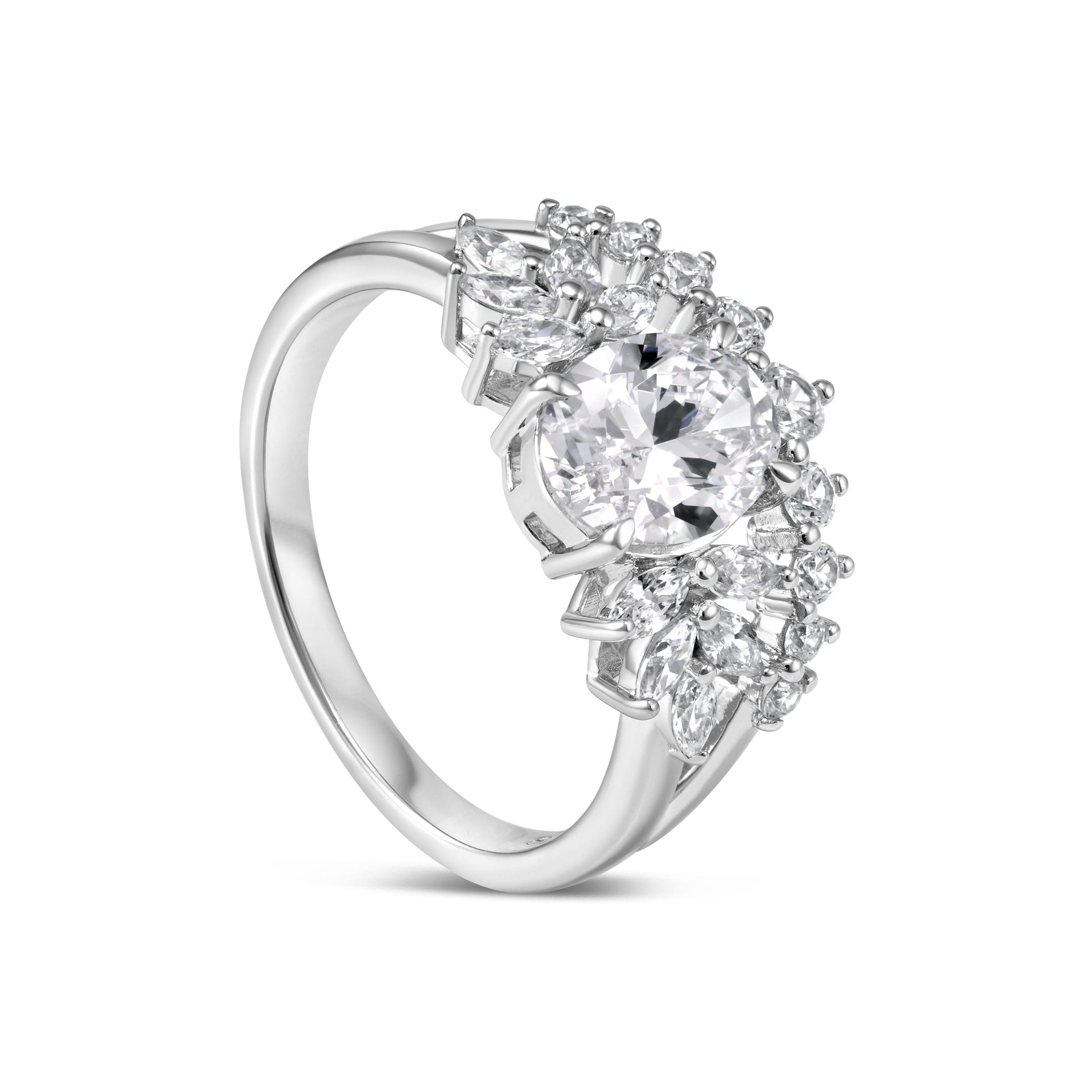 The Madelyn with oval cut center stone and marquise and round side stones.