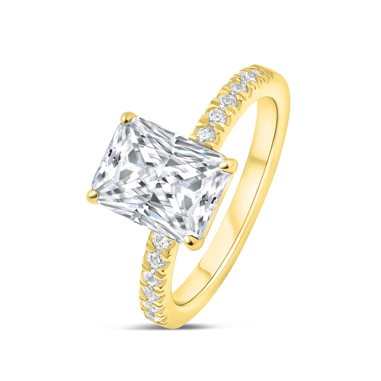 Classic 3 carat radiant cut engagement ring with half eternity band detailing tilted to its side