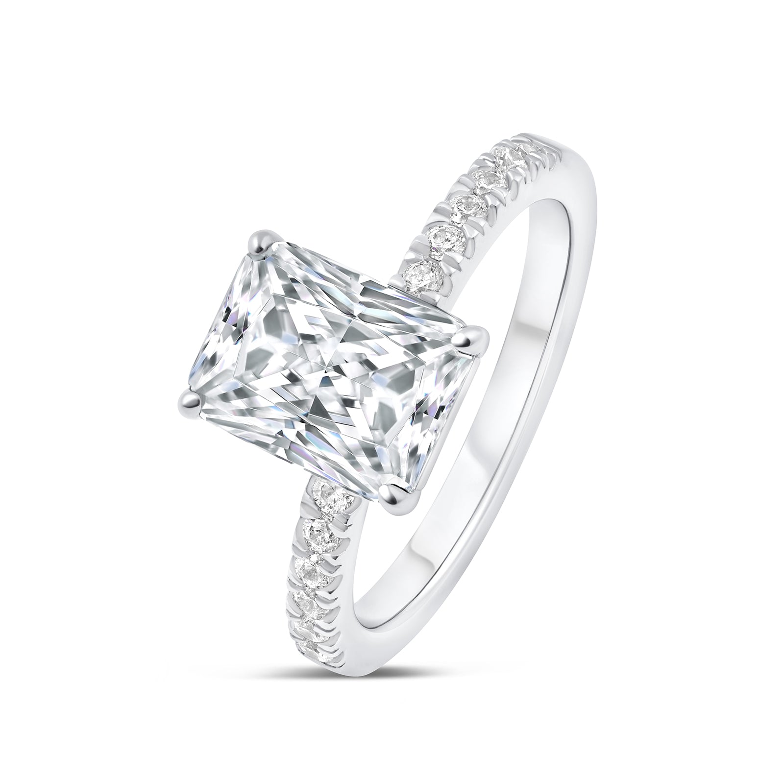 Classic 3 carat radiant cut engagement ring with half eternity band detailing tilted to its side