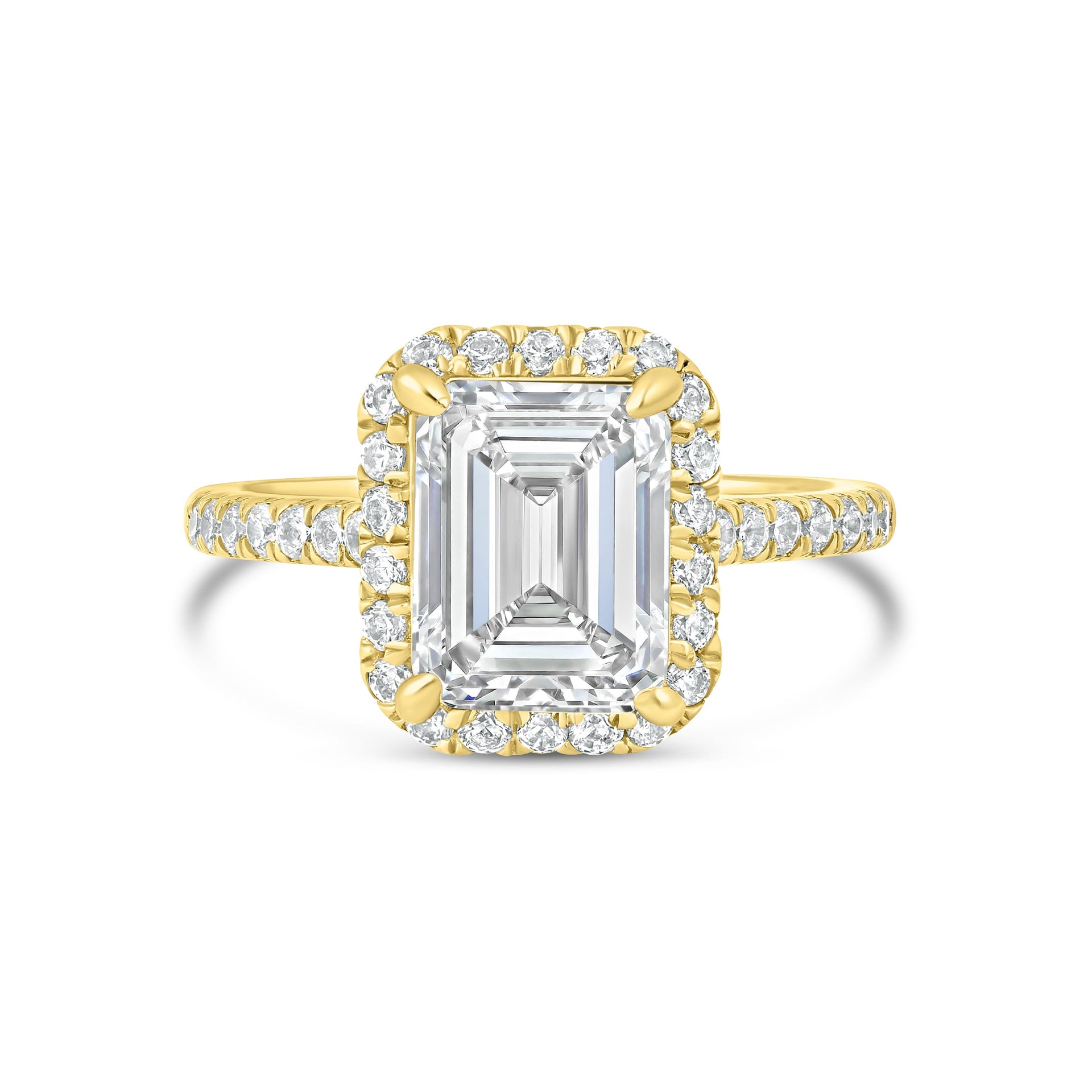 Gold 3 carat emerald cut engagement ring with half eternity band detailing