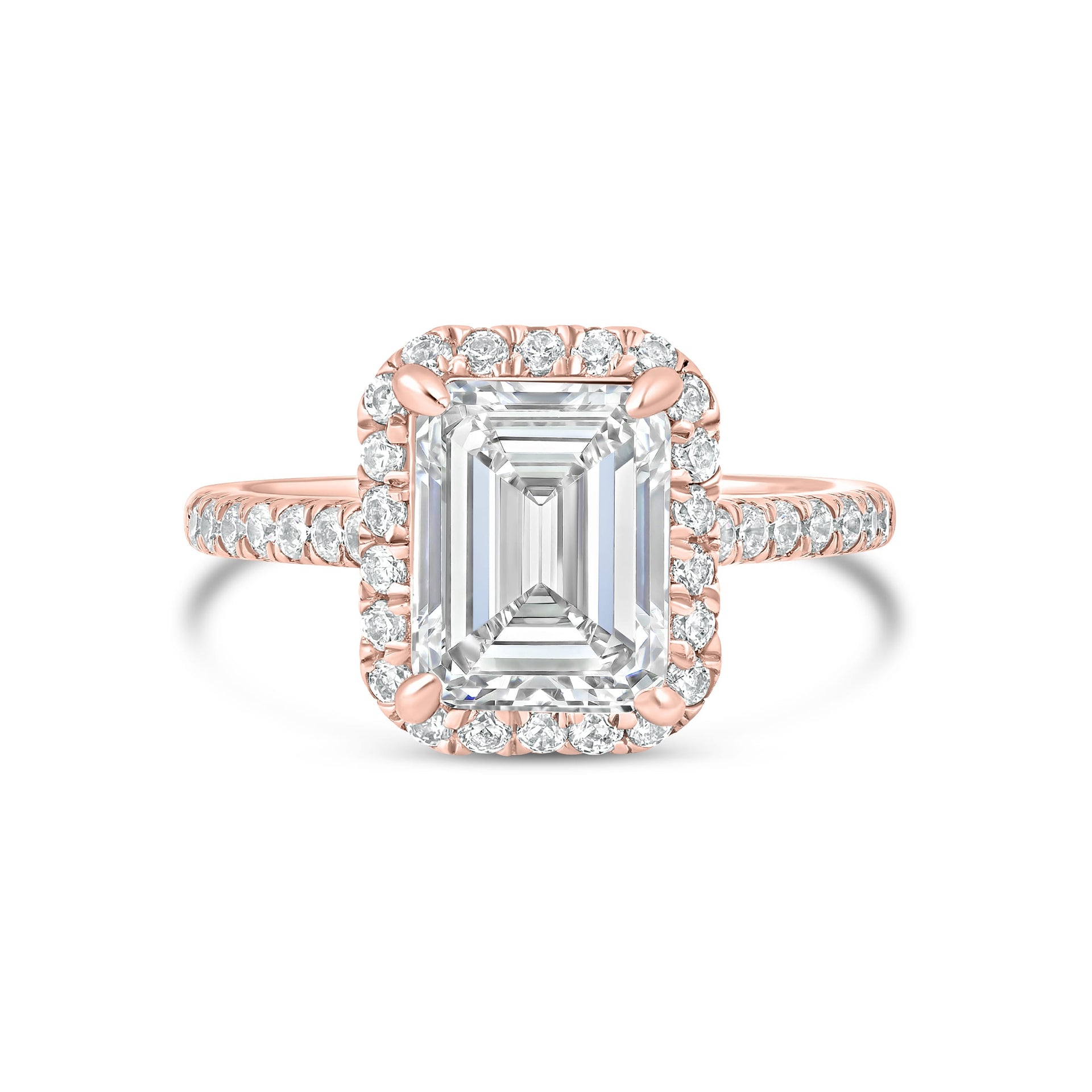 Rose gold 3 carat emerald cut engagement ring with half eternity band detailing