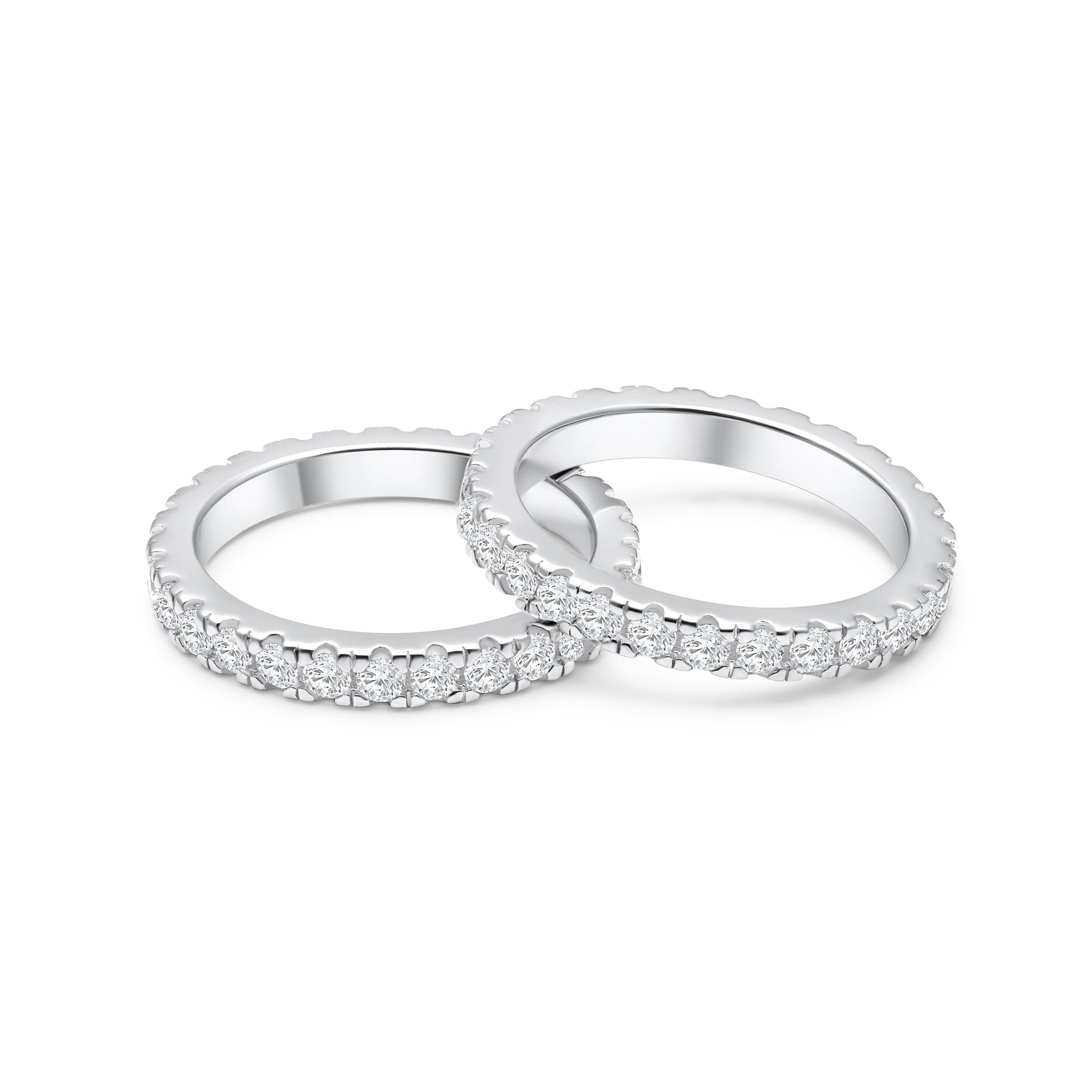 top view of a silver eternity wedding band set of two