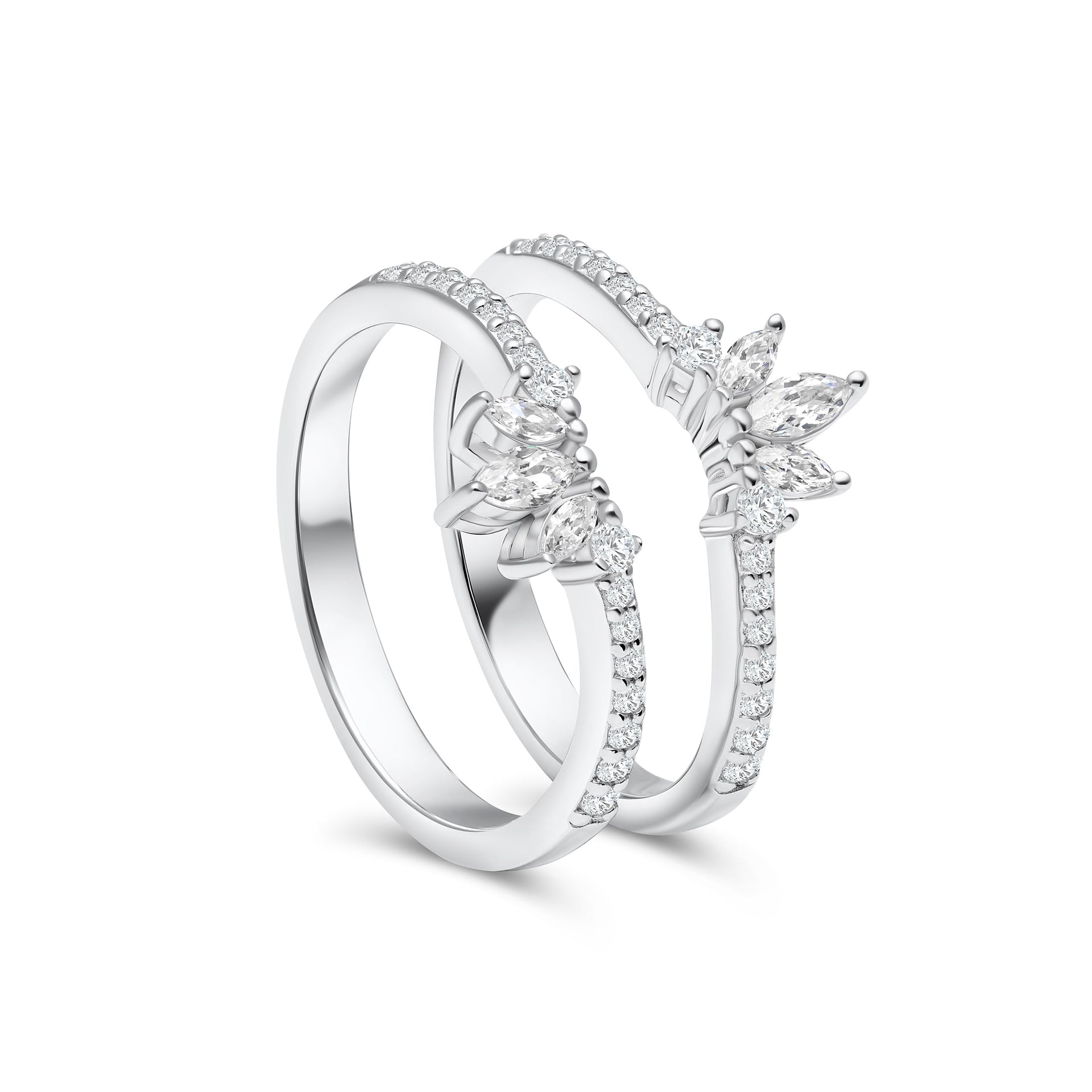  The exquisite duo v-shaped bands features 3 center marquise stones with round stones glistening down the sides.