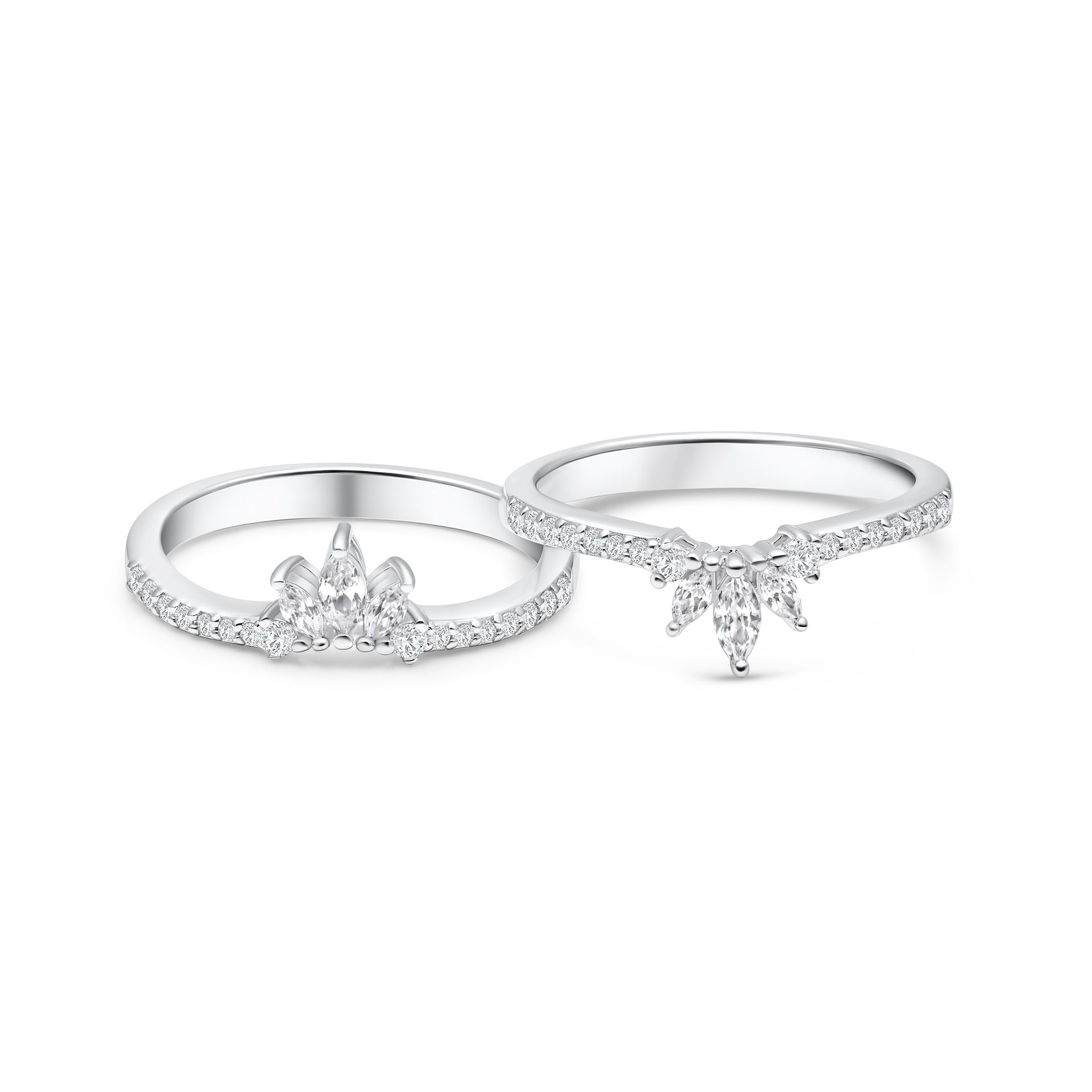  The exquisite v-shaped bands features 3 center marquise stones with round stones glistening down the sides shown in a pair