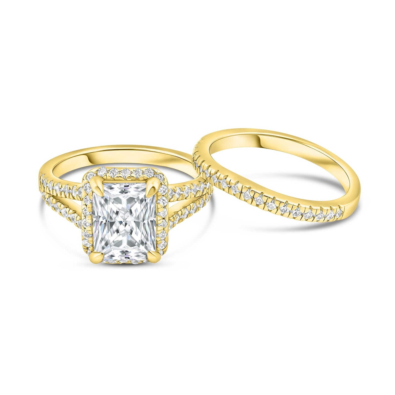 gold wedding ring set with halo and half eternity band detailing