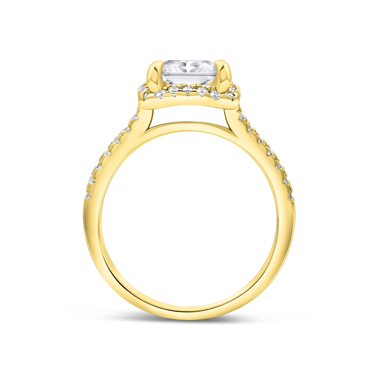 side profile of gold radiant cut engagement ring