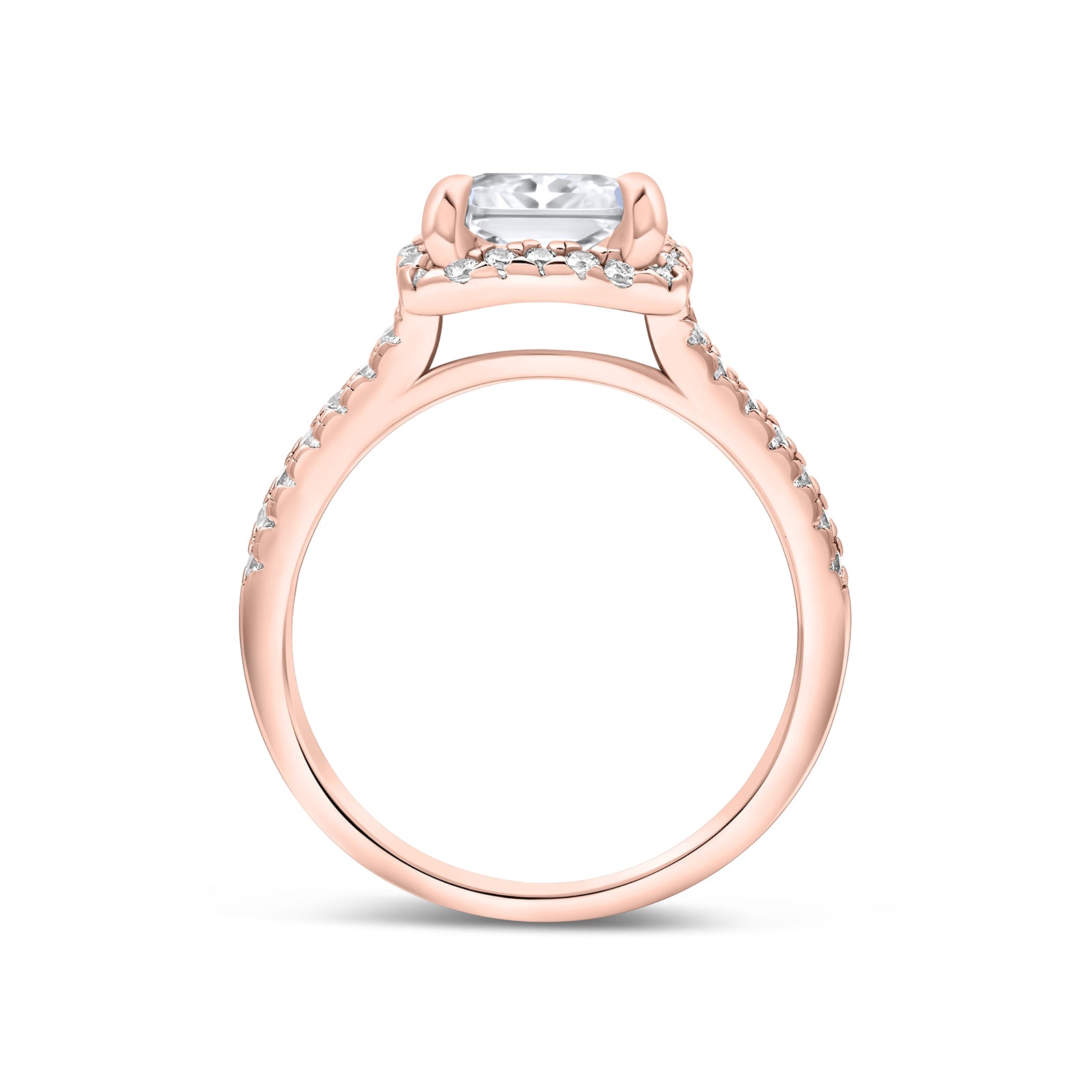 side view of a classic rose gold radiant cut engagement ring