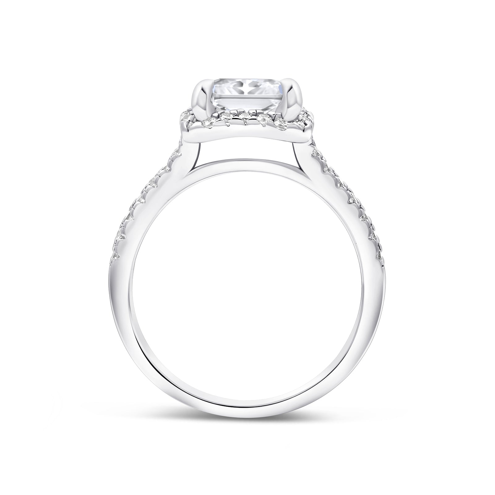 side view of silver 3.5 carat radiant cut engagement ring
