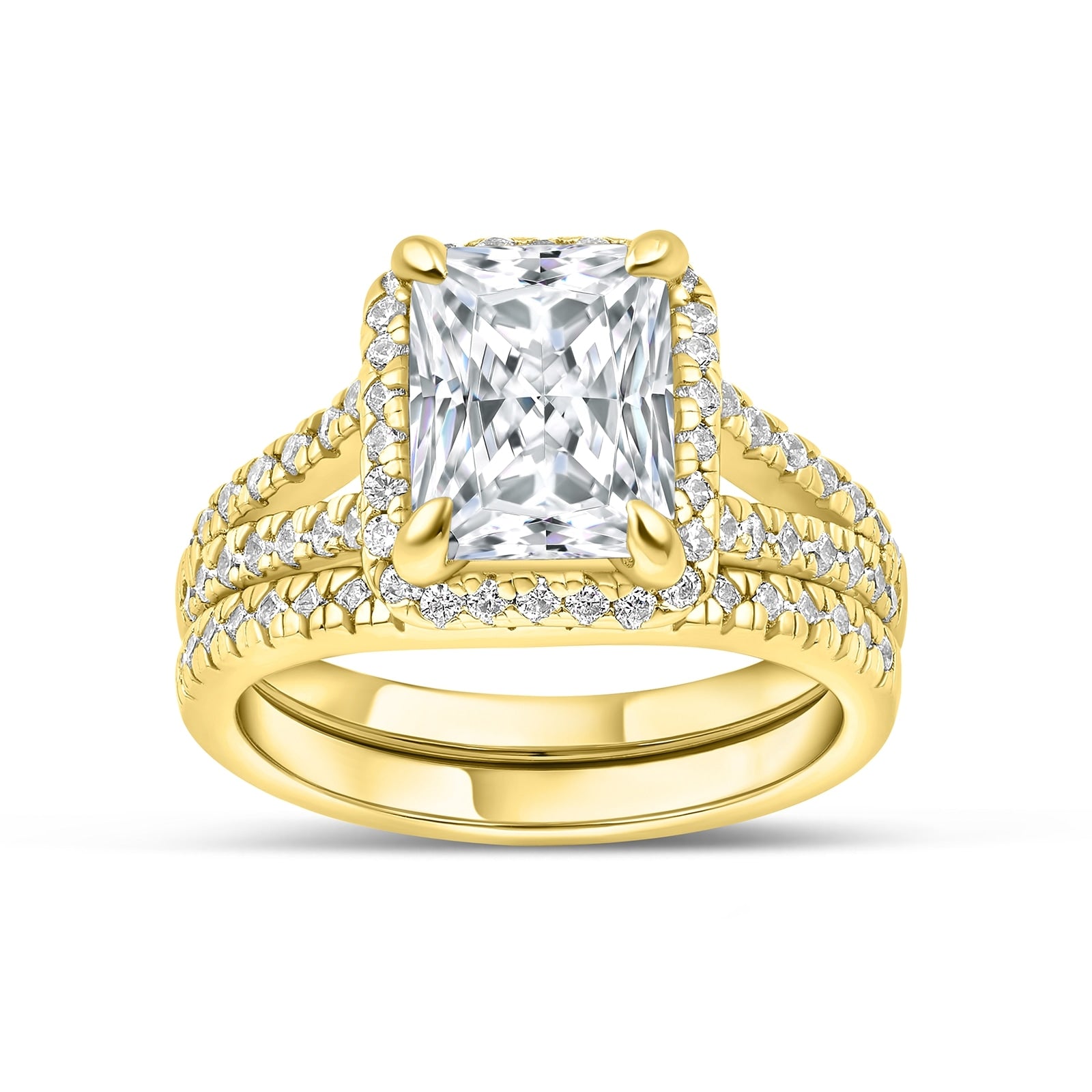 stunning gold 3.5 carat radiant cut engagement ring with slightly curved half eternity band that sits flush with it