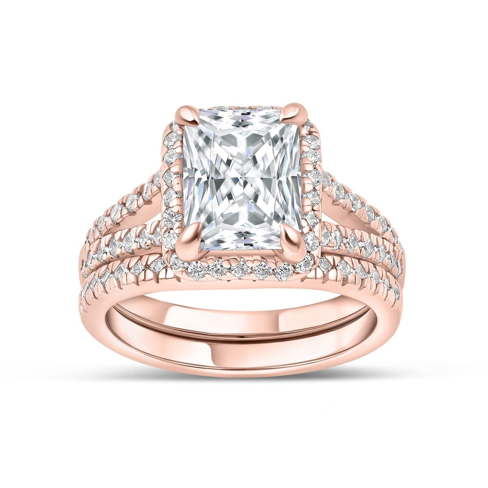 stunning radiant cut split shank engagement ring with its matching half eternity wedding band