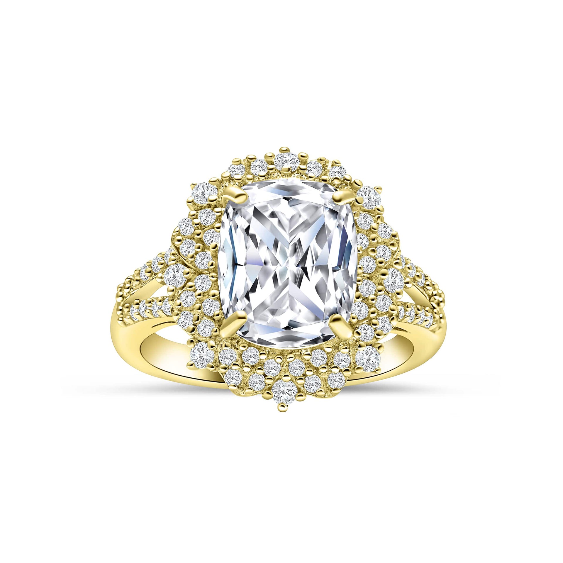 standing photo of beautiful 2.5 ct cushion cut engagement ring in gold