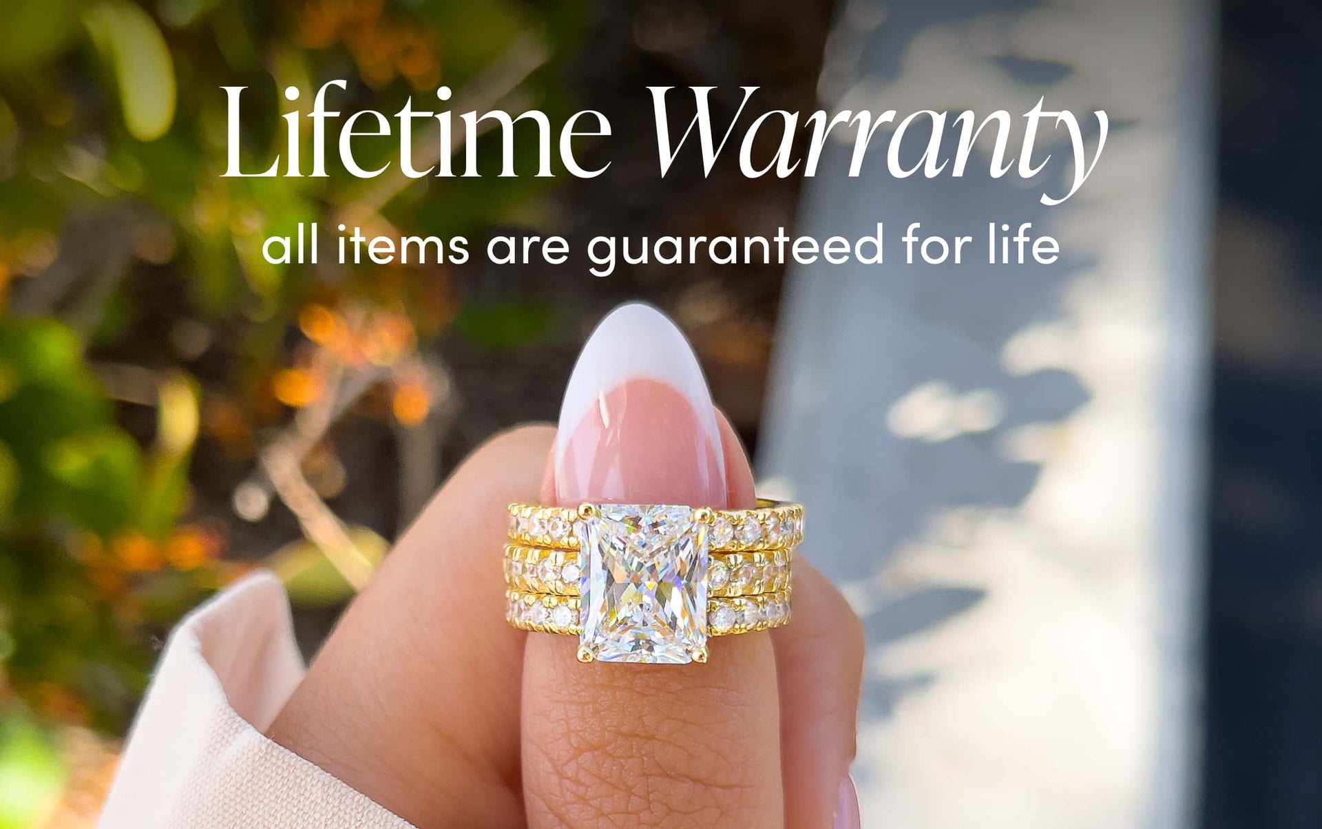 gorgeous gold radiant cut engagement ring that comes with a lifetime warranty