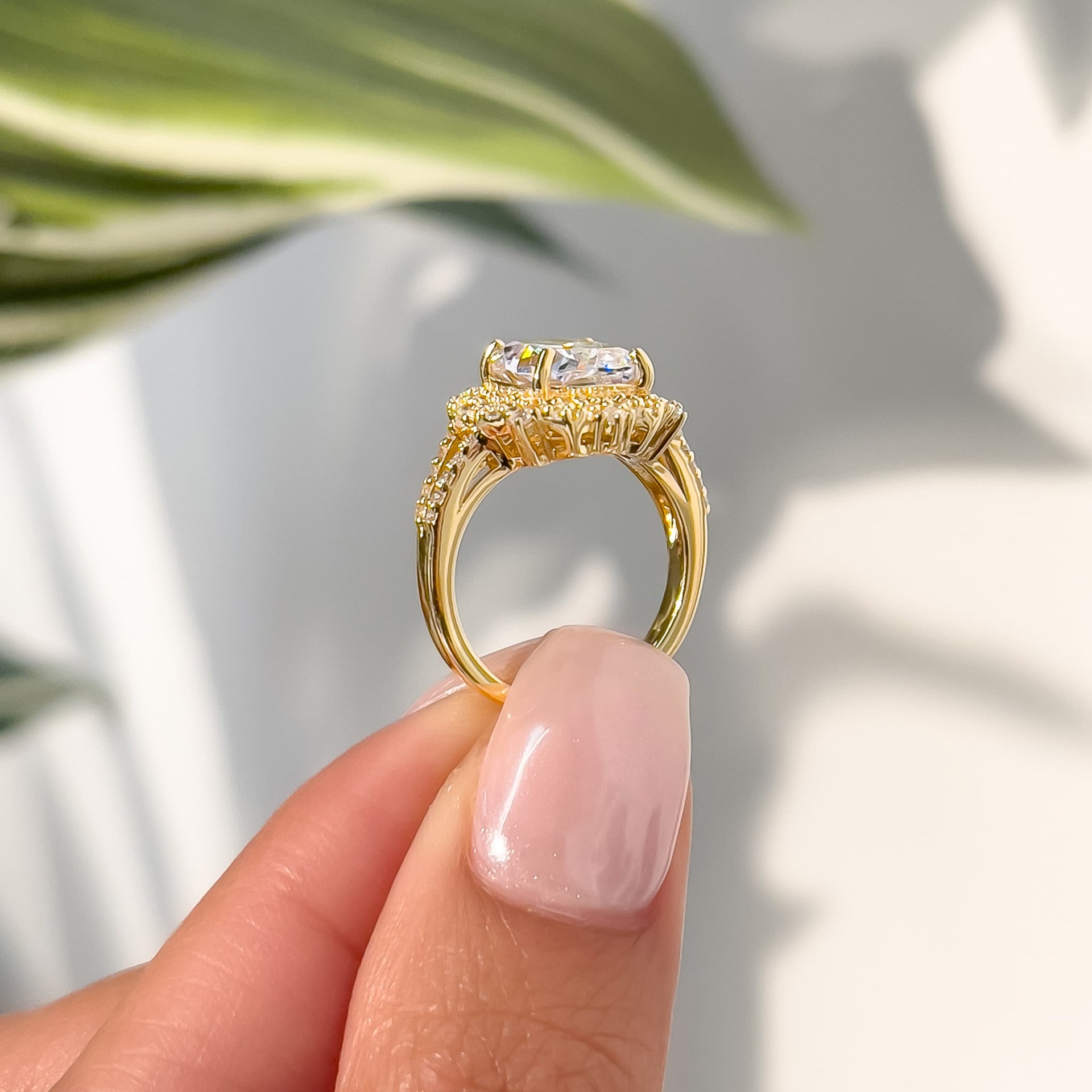 gorgeous setting shot of vintage engagement ring in gold