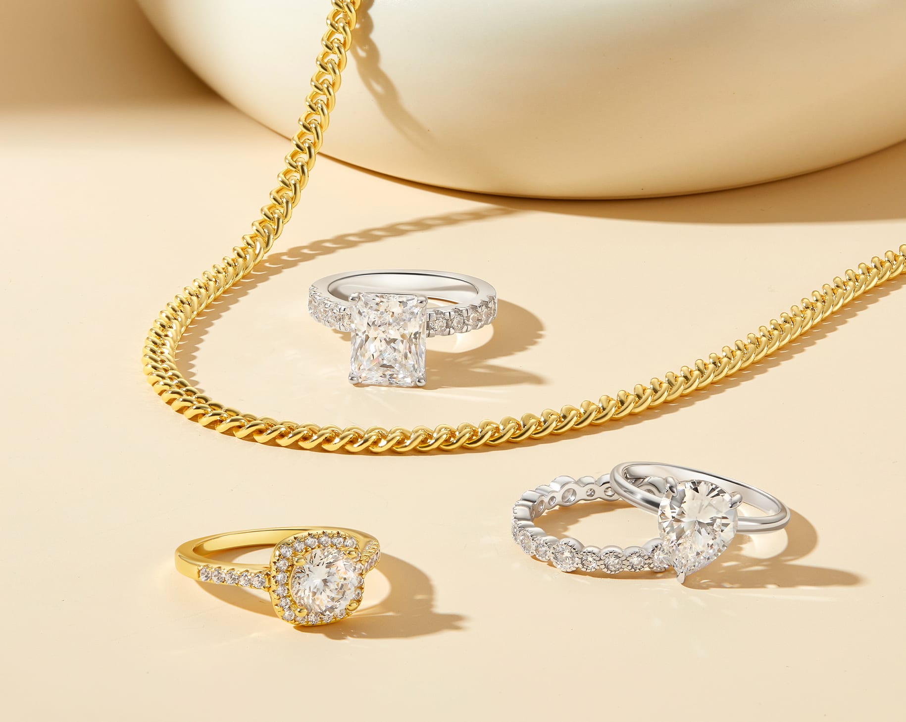beautiful silver and gold engagement rings with gold necklace