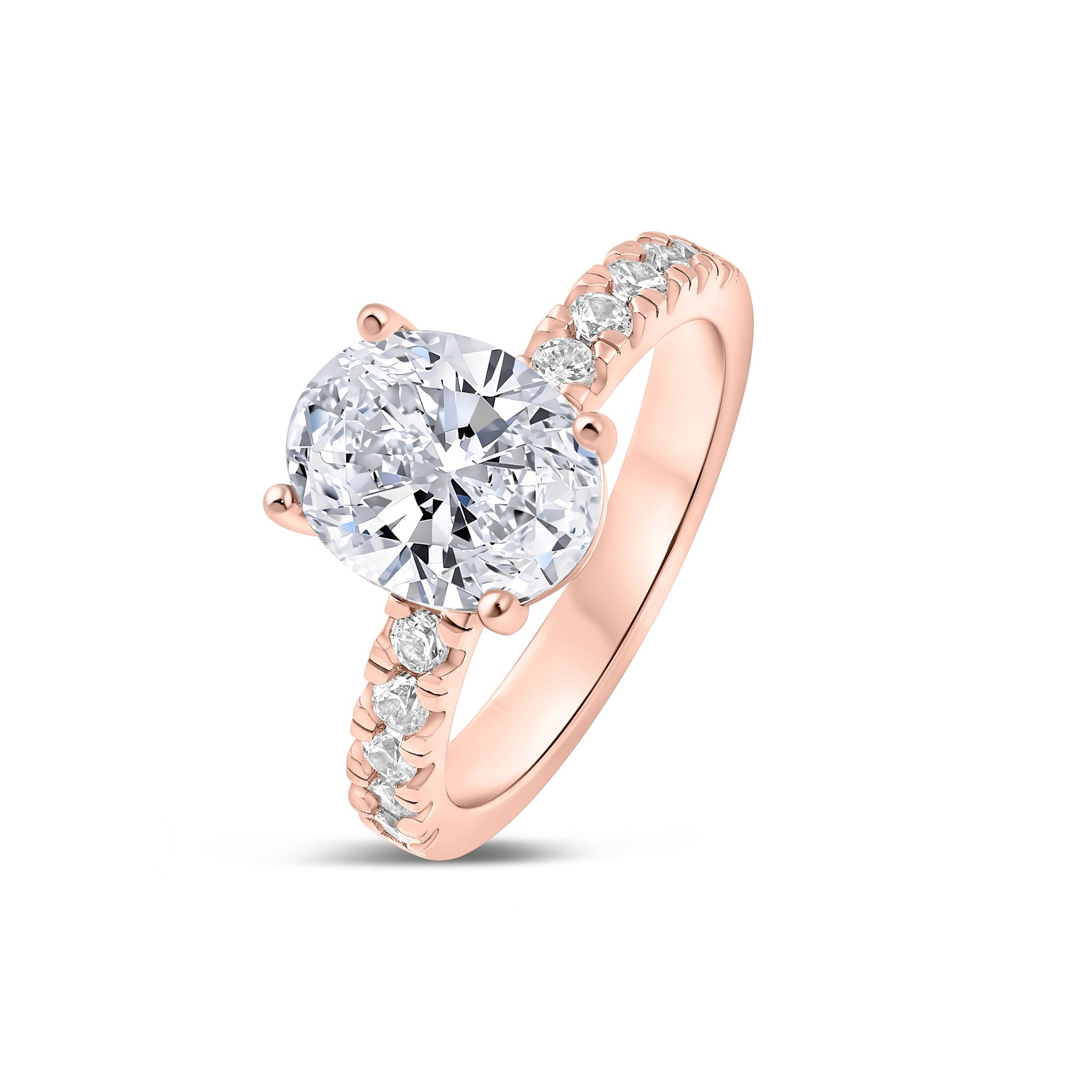rose gold 3 carat oval cut engagement ring with half eternity band detailing