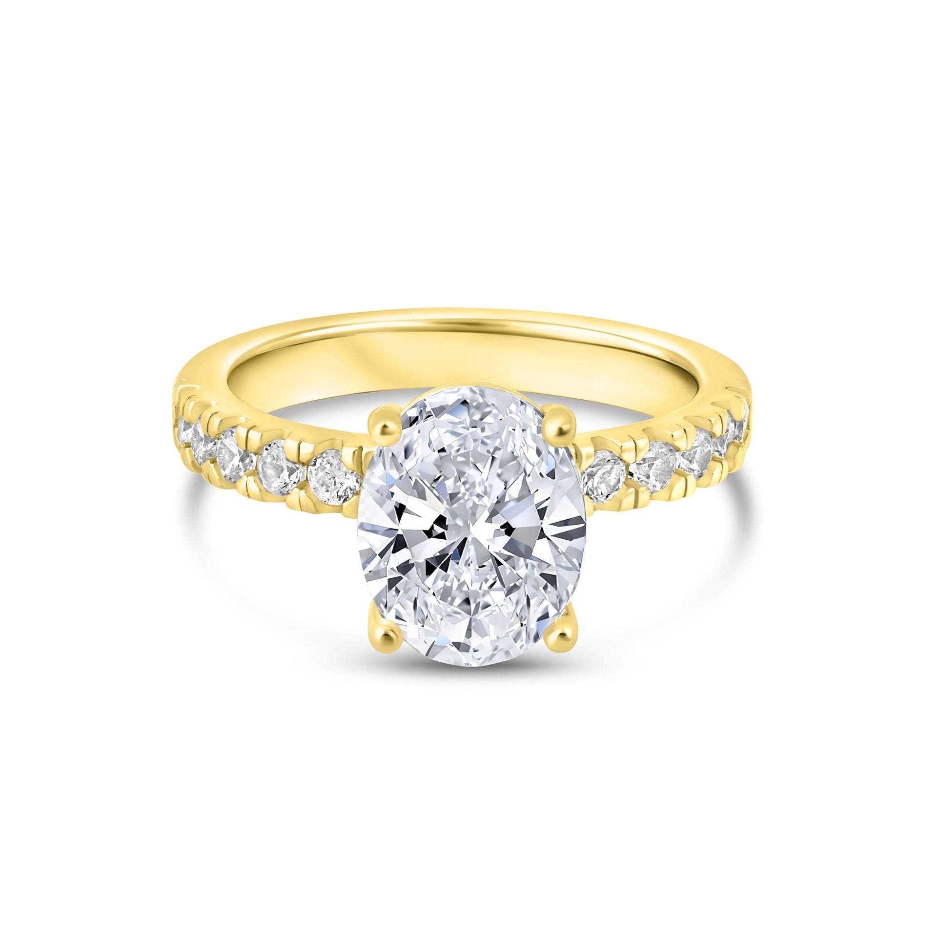 gold oval cut engagement ring with a half eternity band detailing