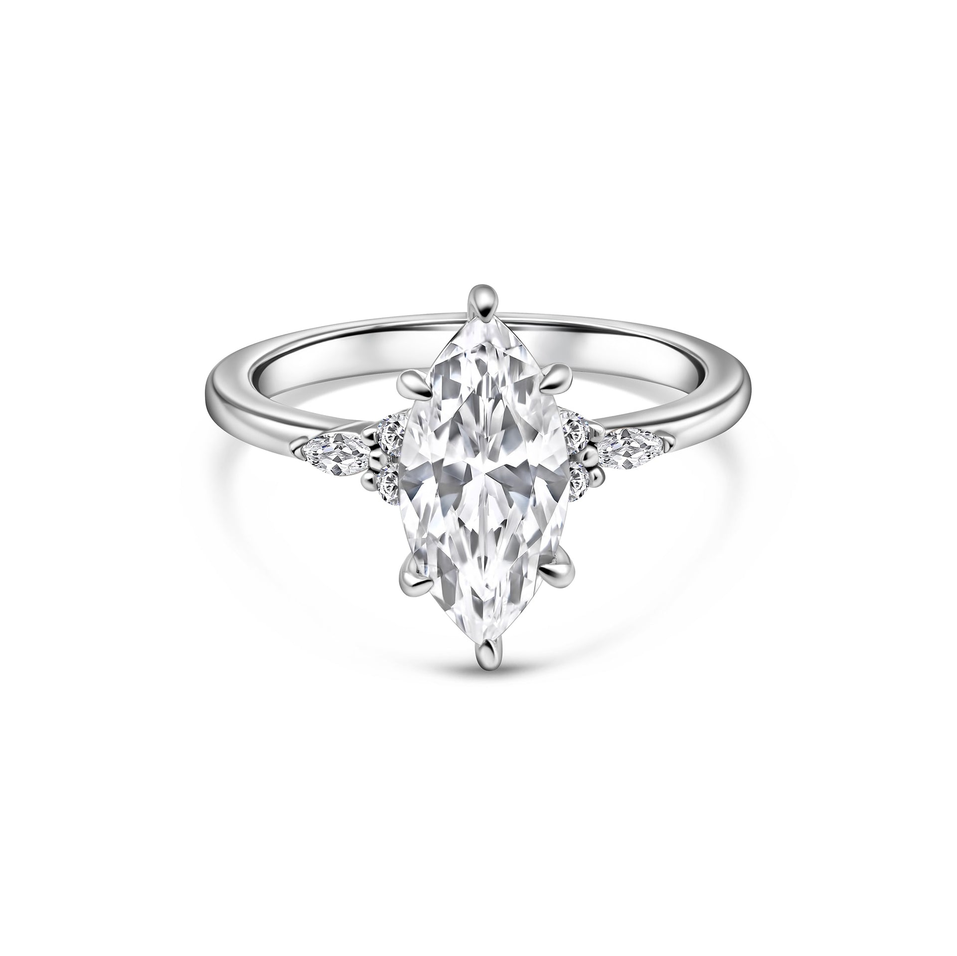 gorgeous 2.5 ct marquise engagement ring with 3 intricate side stones shown in silver