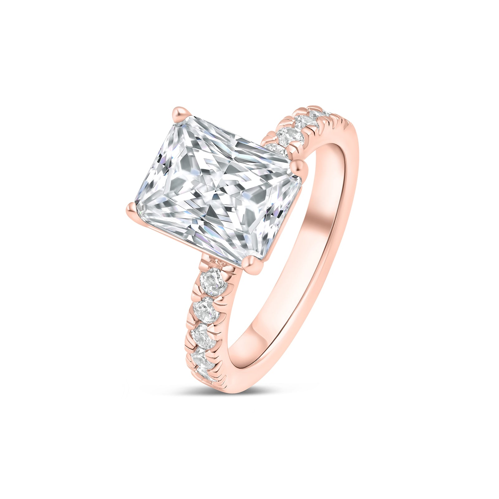 Classic 3.75 carat rose gold radiant cut engagement ring with half eternity band detailing tilted to its side