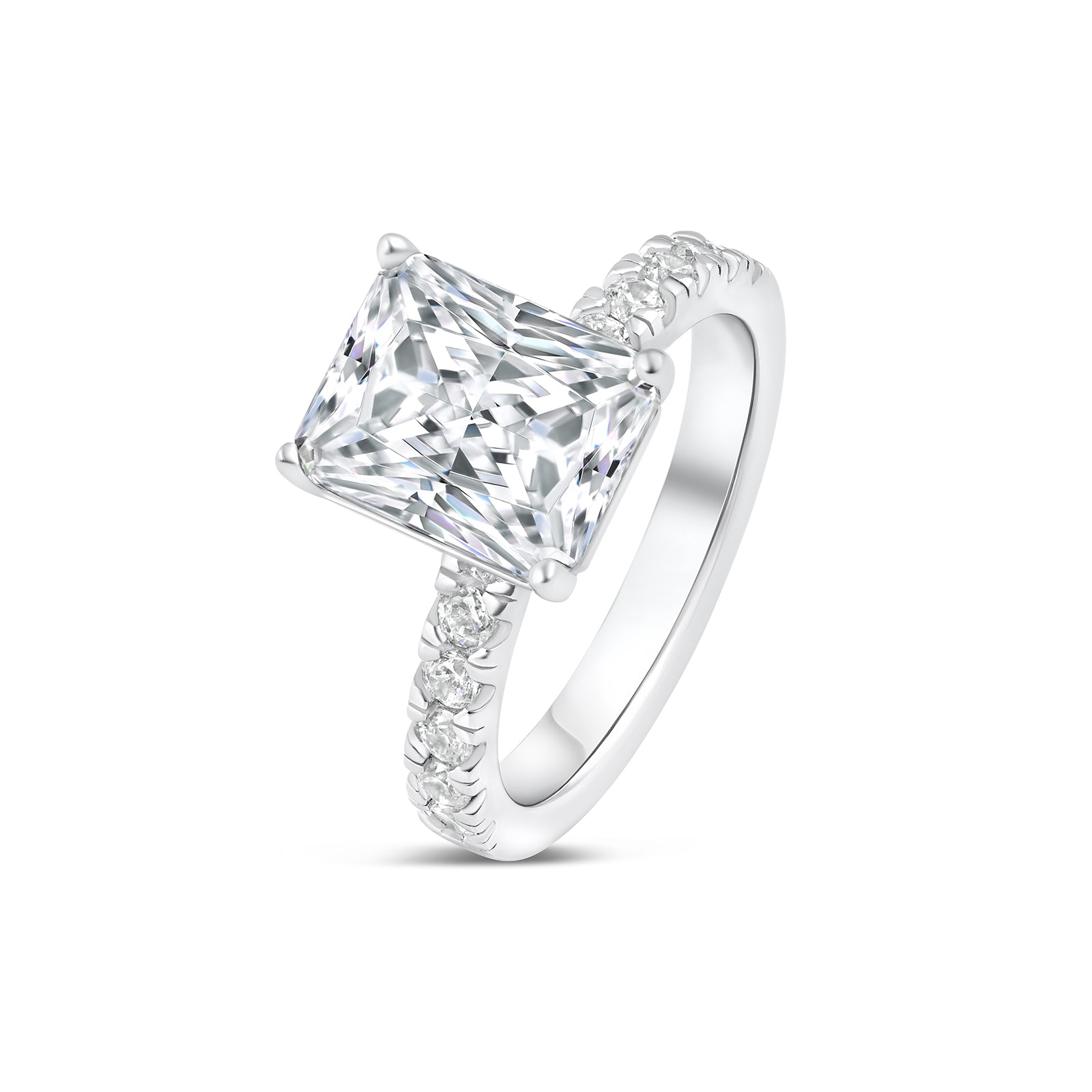 Classic 3.75 carat radiant cut engagement ring with half eternity band detailing tilted to its side