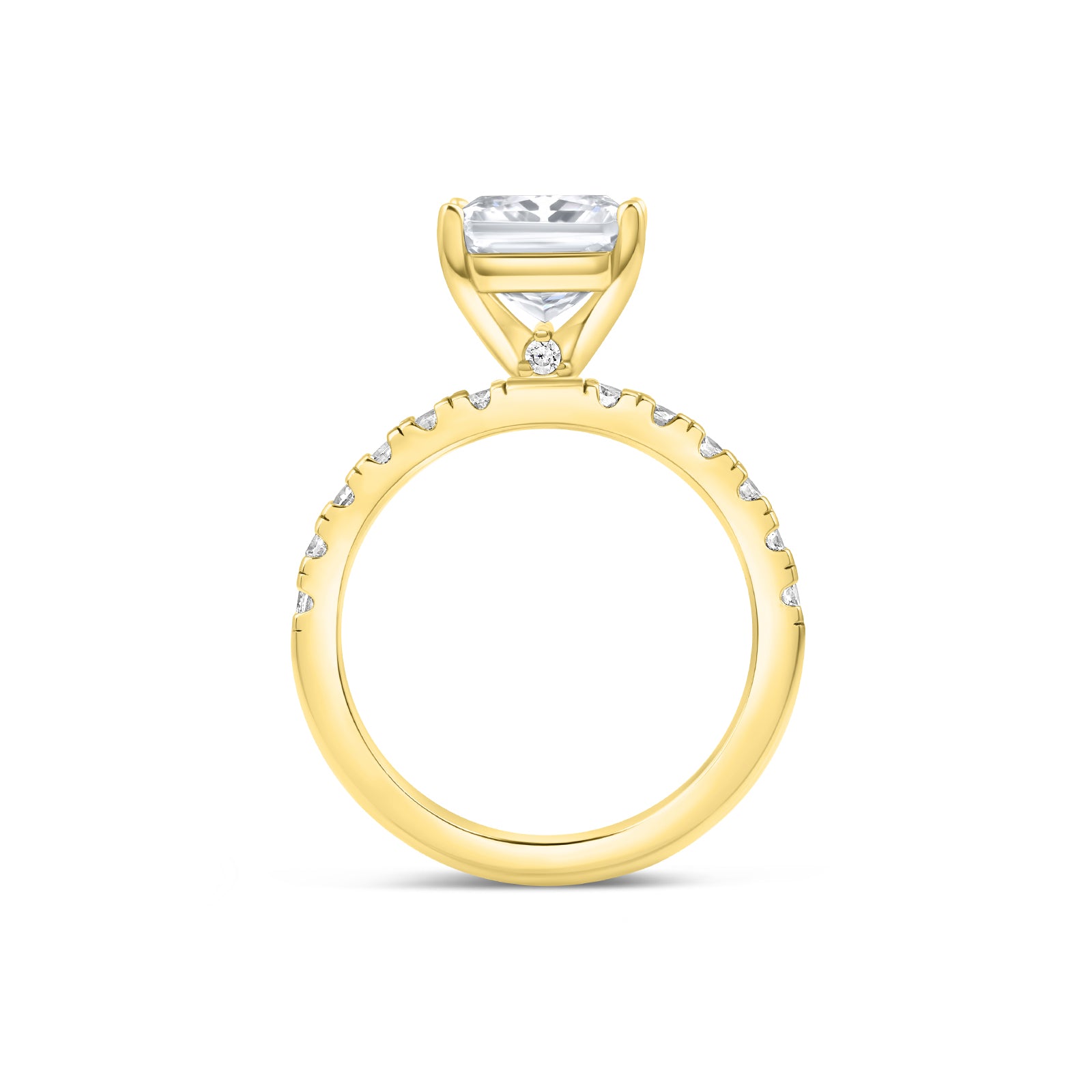 Band view of sleek gold radiant cut engagement ring with dainty stone detailing under its setting and a half eternity band